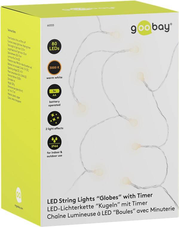 Goobay 80er LED-Lichterkette "Kugeln" - mit Timer-Funktion und 2 Leuchtmodi, warmweiß (3000 K), batteriebetrieben, IP44