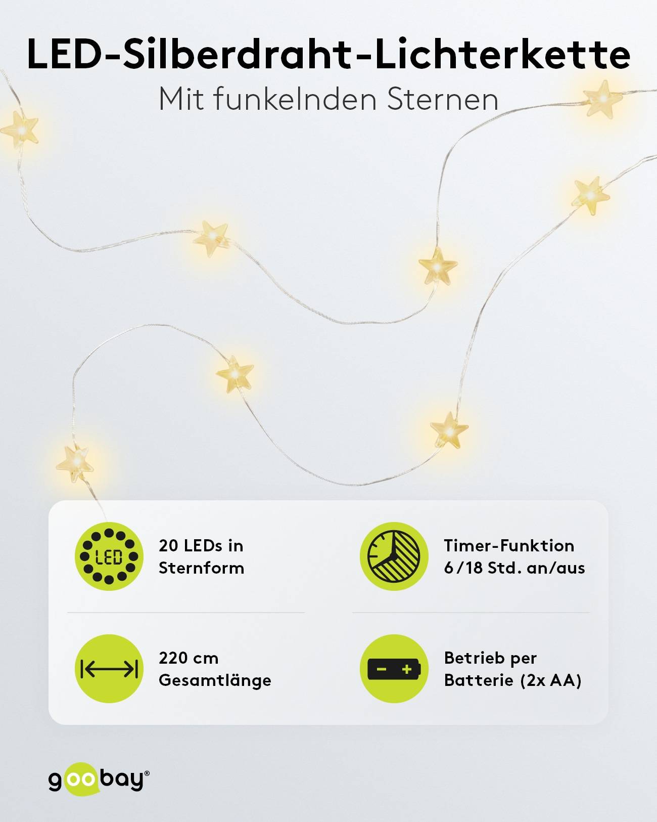 GOOBAY LED-Lichterkette "Sterne", Silberdraht, Timerfunktion, 20 LEDs, 220 cm