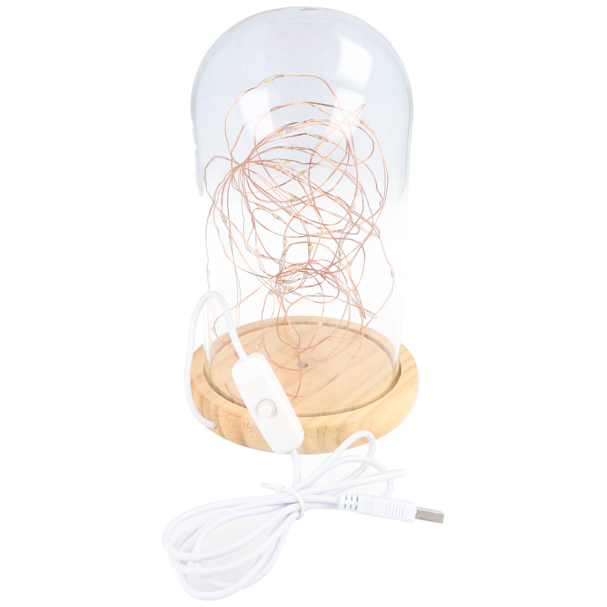 Glasglocke mit LED-Micro-Lichterkette - mit Holzsockel, USB-Kabel 115 cm, Lichterkette 5 m mit 50 Micro-LEDs in Warmweiß