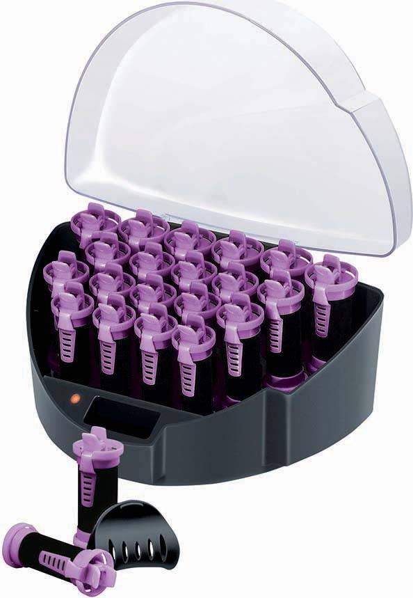 Kunststoff-Aufbewahrungsbox gefüllt mit violetten und schwarzen Zahnseide-Picks, mit einem Pick, der außerhalb der Box gezeigt wird