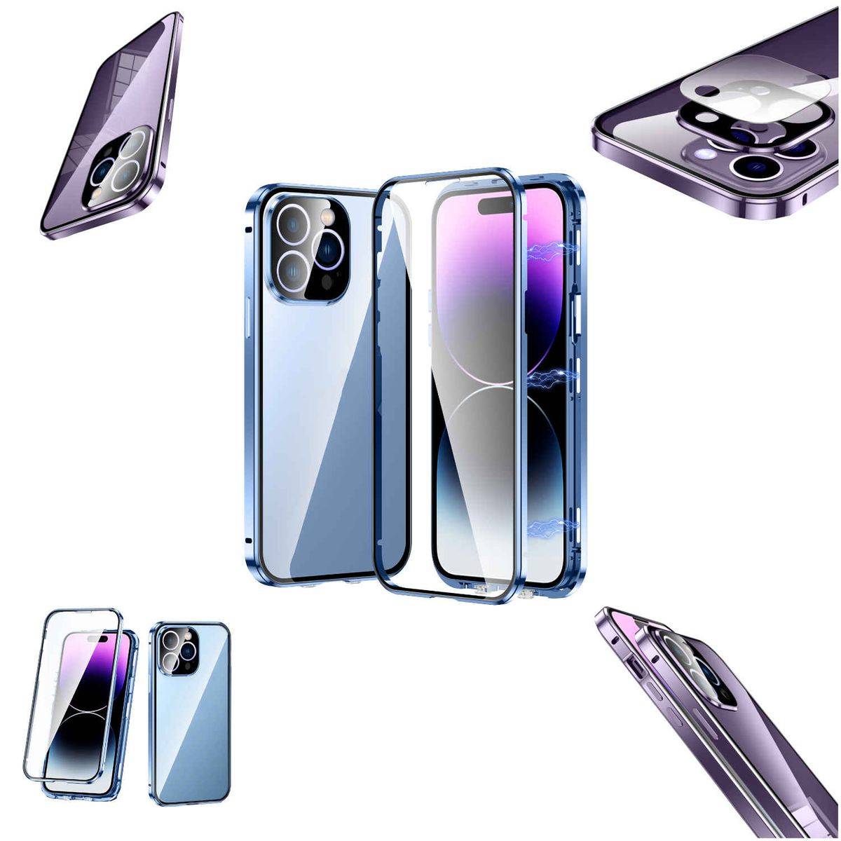 Für Apple iPhone 14 Pro Max Beidseitiger 360 Grad Magnet Glas Hülle Handy Tasche Bumper Blau
