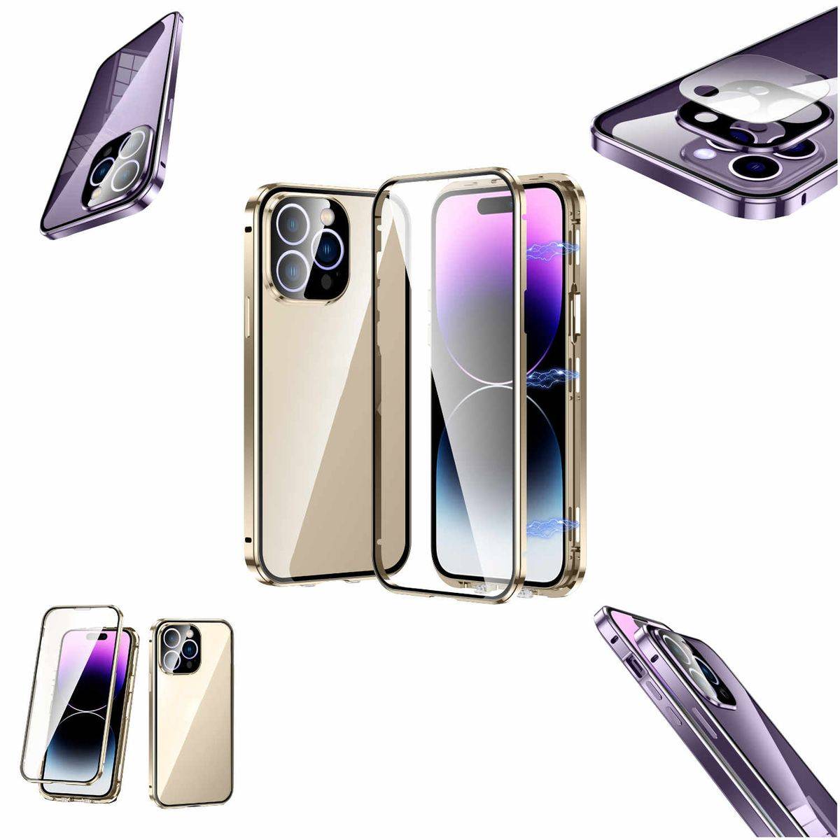 Für Apple iPhone 14 Pro Max Beidseitiger 360 Grad Magnet Glas Hülle Handy Tasche Bumper Gold