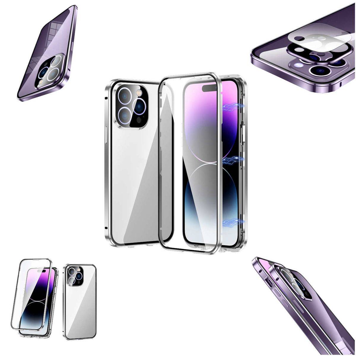 Für Apple iPhone 14 Pro Max Beidseitiger 360 Grad Magnet Glas Hülle Handy Tasche Bumper Silber