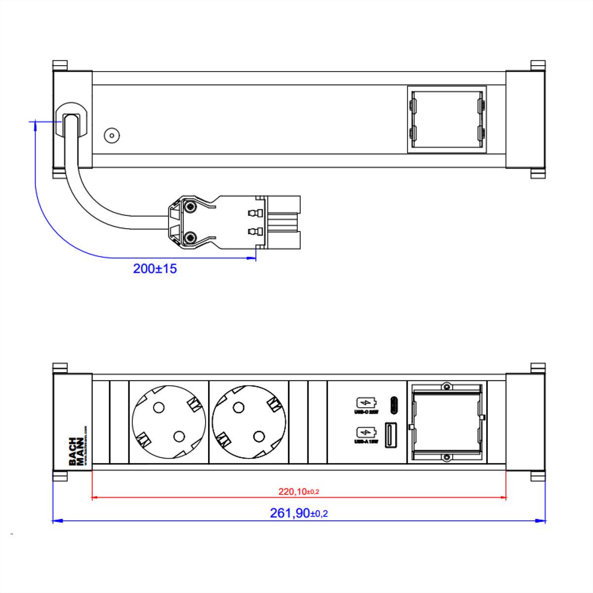 BACHMANN - Power Frame M 2xCEE7/3 1xCM 1xUSB A/C 22W 0.2m
