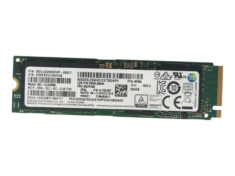 Eine Computer-Festplatte mit Solid-State-Laufwerk (SSD) der Marke und des Modells MZVLW256HEHP, Kapazität 256GB. Enthält verschiedene Zertifizierungslogos und Seriennummern.