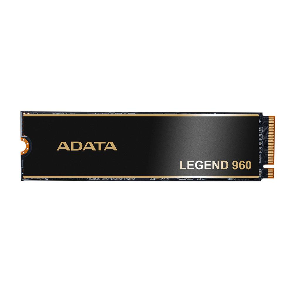 ADATA LEGEND 960 M.2 SSD auf weißem Hintergrund dargestellt, mit schwarzem Etikett und goldener Steckerleiste.