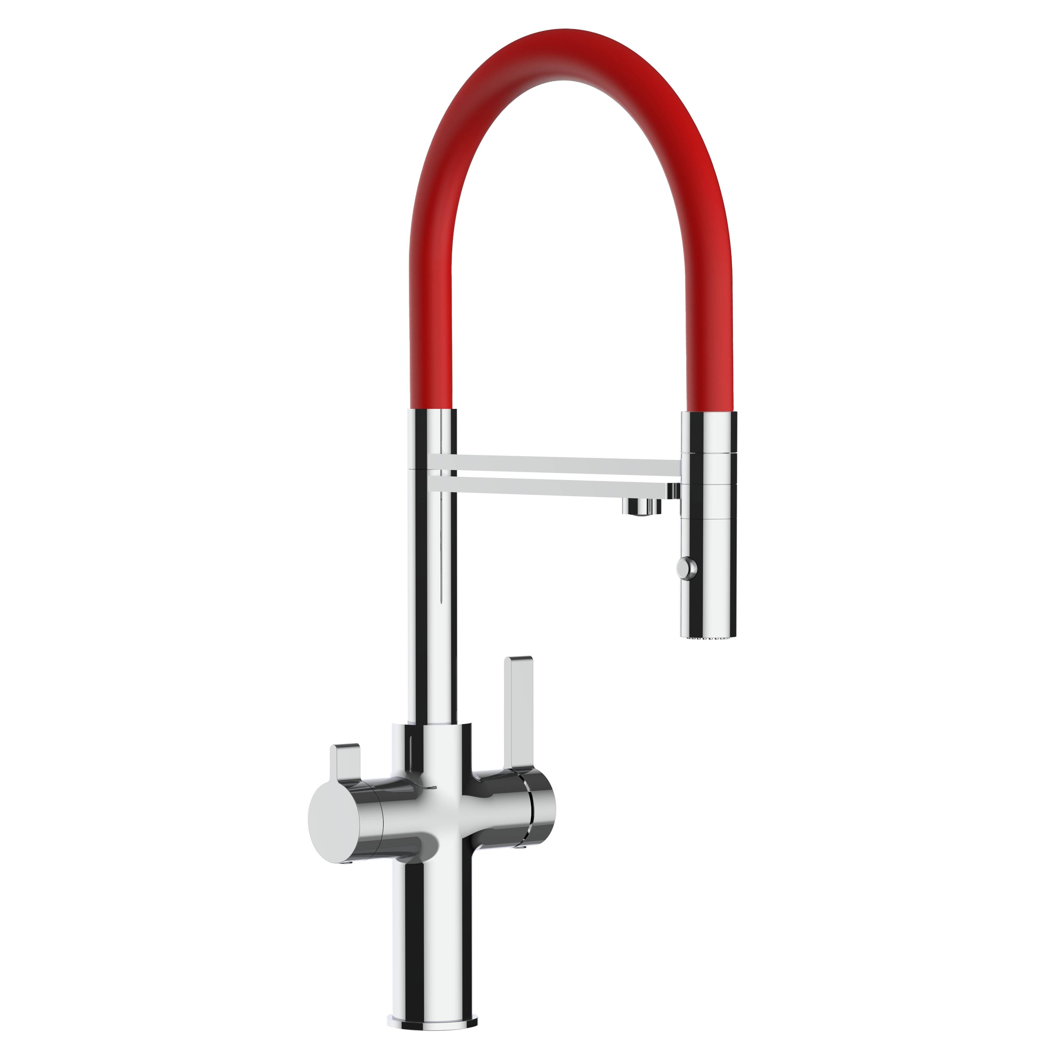 3 Wege Wasserhahn Küche Spültischarmatur chrom Küchenarmatur mit rot 360° schwenkbarem Auslauf und abnehmbare 2 strahl Handbrause - VZFC Design