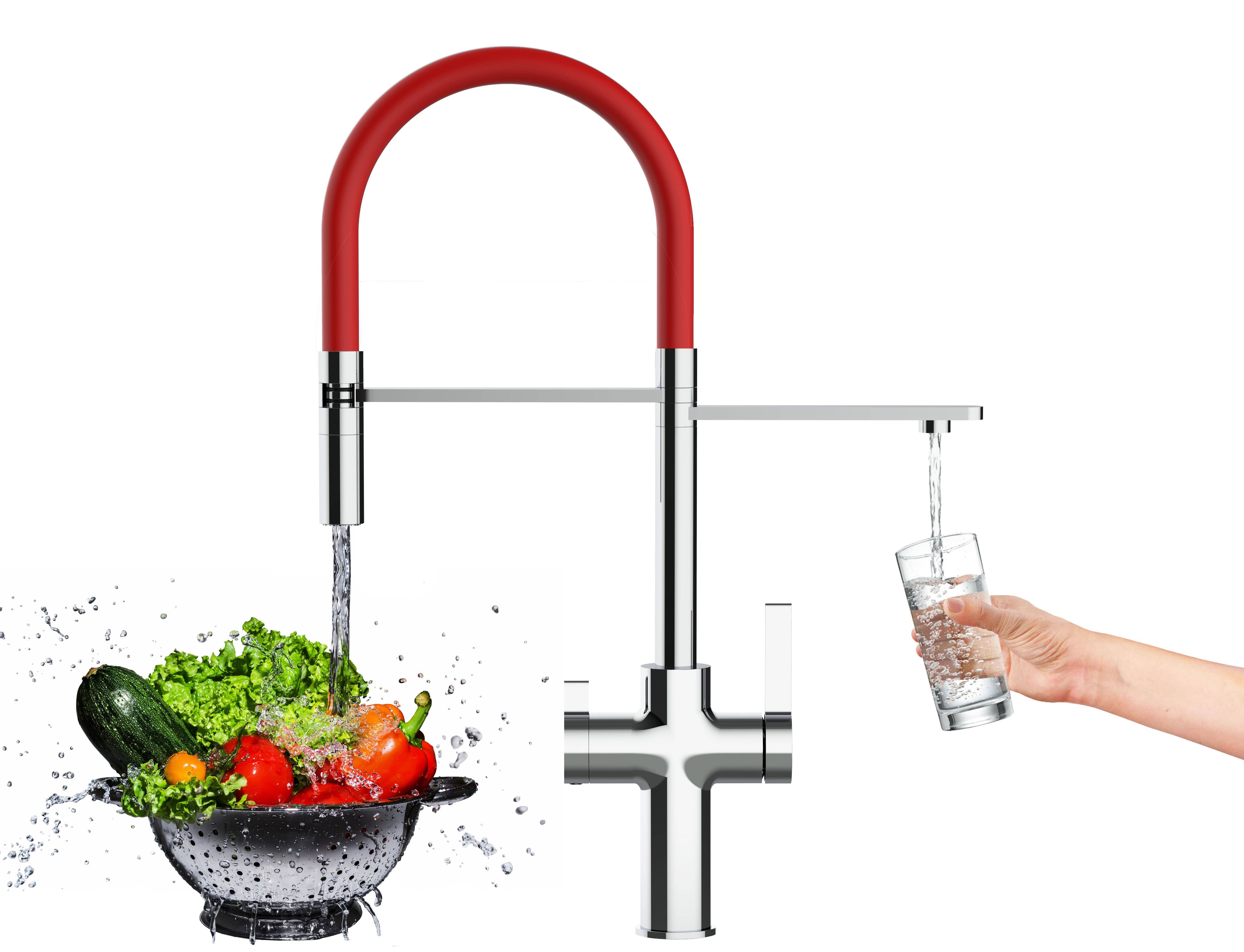 3 Wege Wasserhahn Küche Spültischarmatur chrom Küchenarmatur mit rot 360° schwenkbarem Auslauf und abnehmbare 2 strahl Handbrause - VZFC Design