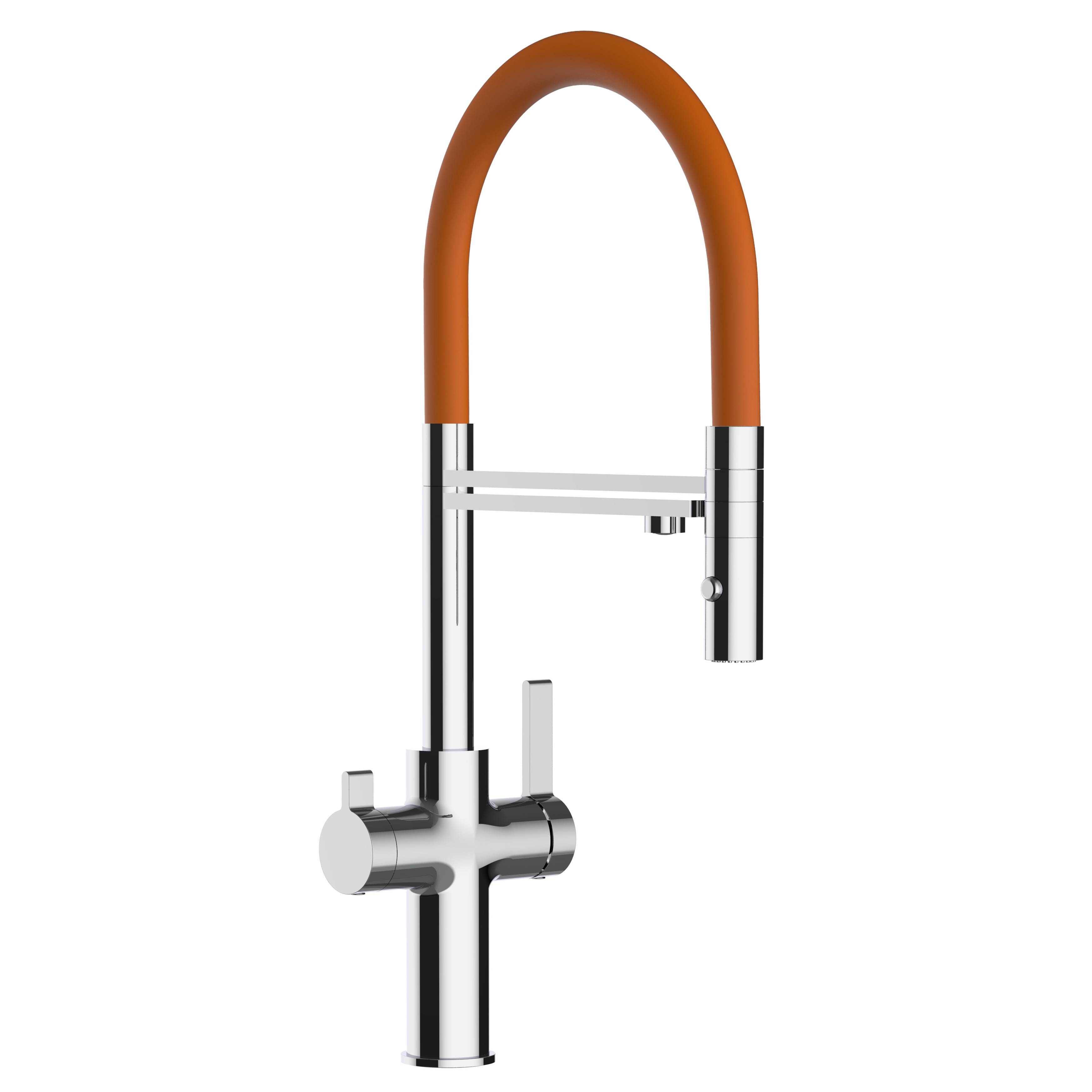 3 Wege Wasserhahn Küche Spültischarmatur chrom Küchenarmatur mit orange 360° schwenkbarem Auslauf und abnehmbare 2 strahl Handbrause - VZFC Design