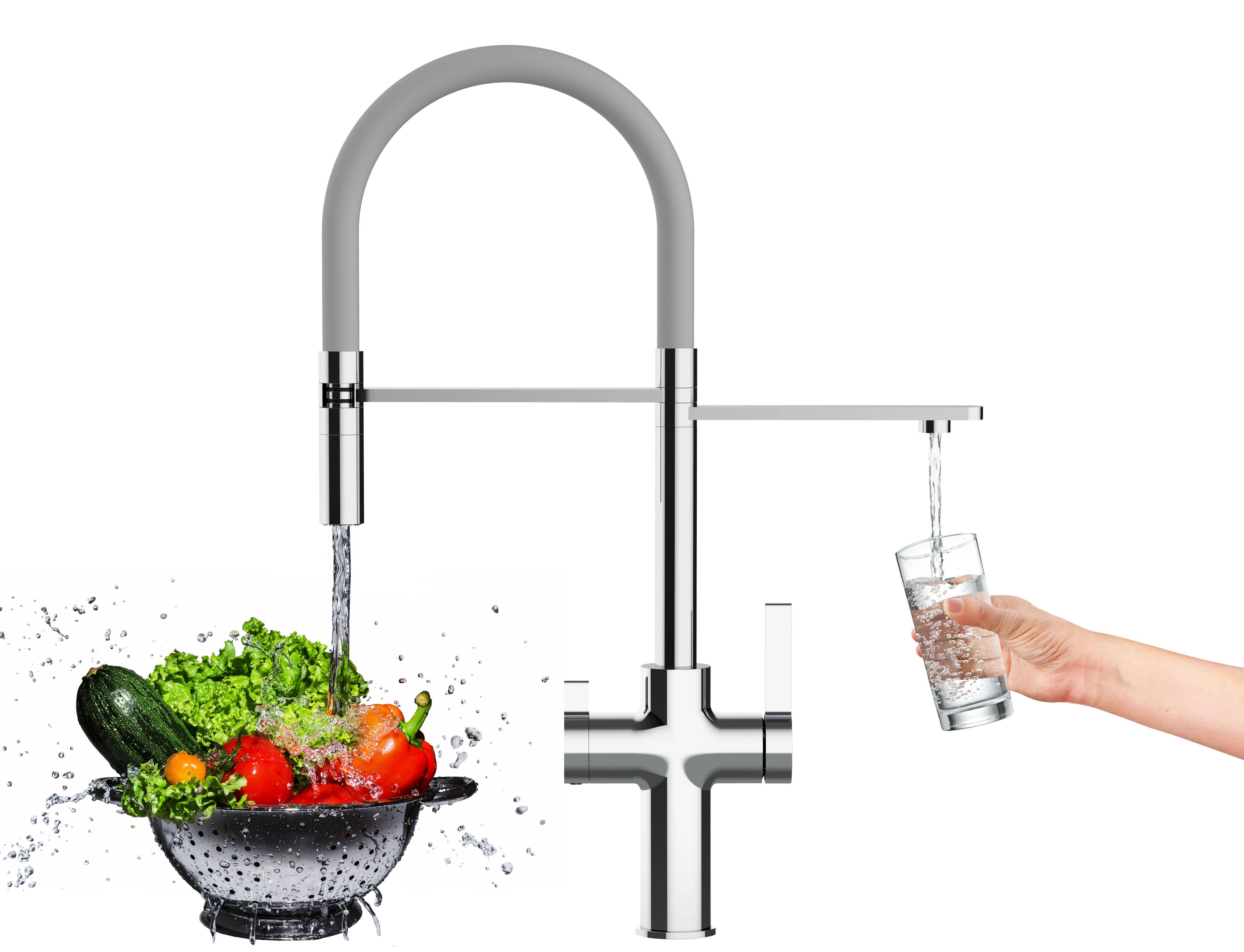 3 Wege Wasserhahn Küche Spültischarmatur chrom Küchenarmatur mit grau 360° schwenkbarem Auslauf und abnehmbare 2 strahl Handbrause - VZFC Design