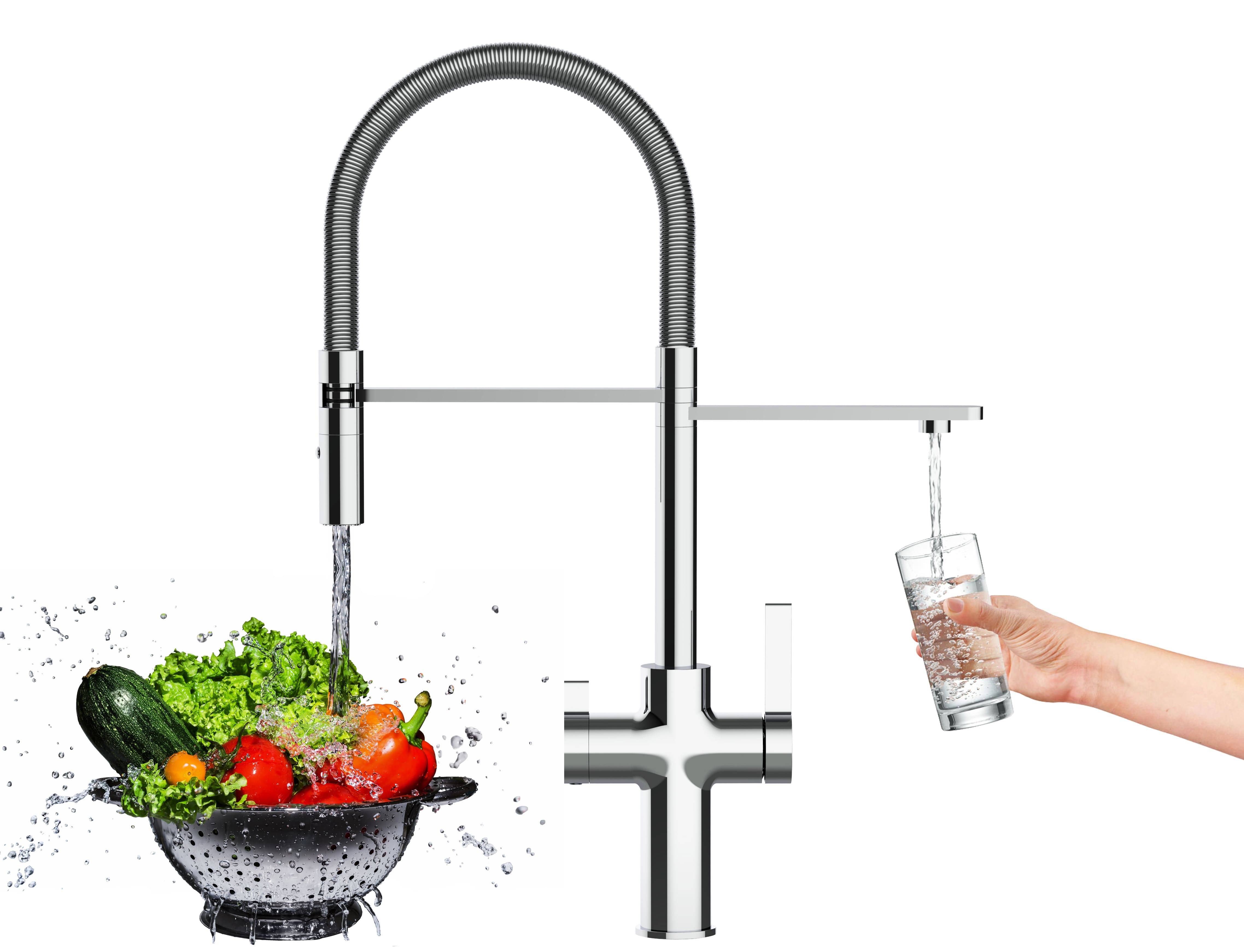 4 Wege Wasserhahn Küche Spültischarmatur chrom Küchenarmatur mit 360° schwenkbarem Auslauf und abnehmbare 2 strahl Handbrause - VZFC Design