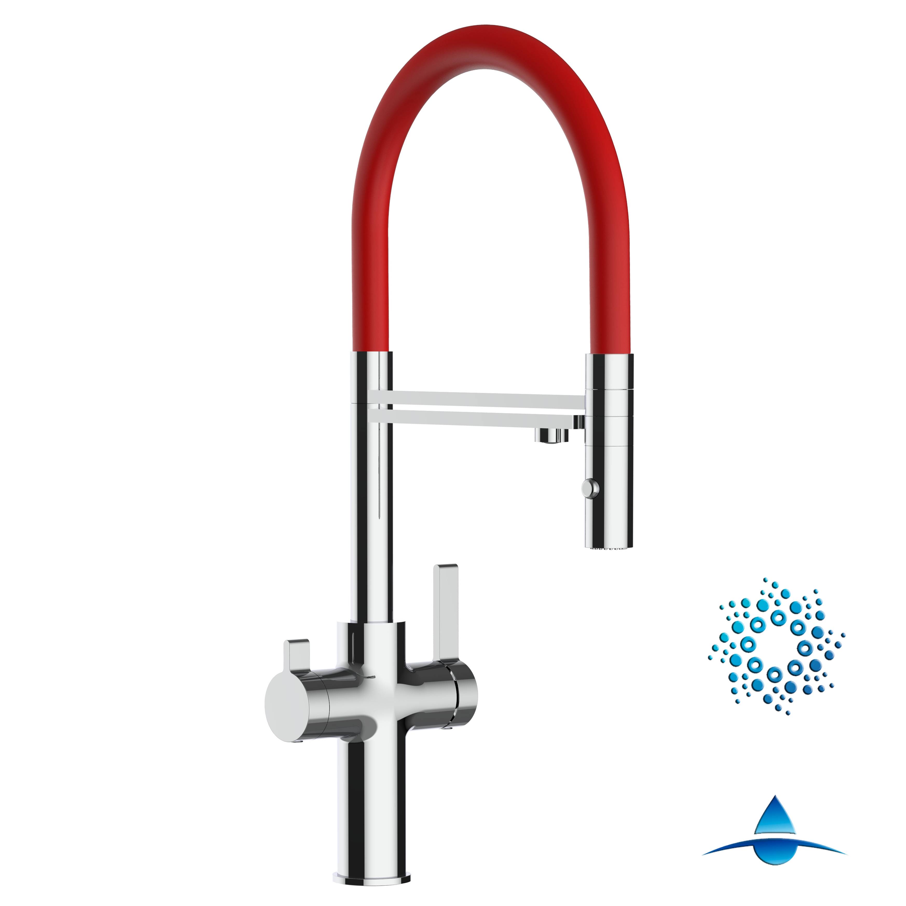 4 Wege Wasserhahn Küche Spültischarmatur chrom Küchenarmatur mit rot 360° schwenkbarem Auslauf und abnehmbare 2 strahl Handbrause - VZFC Design