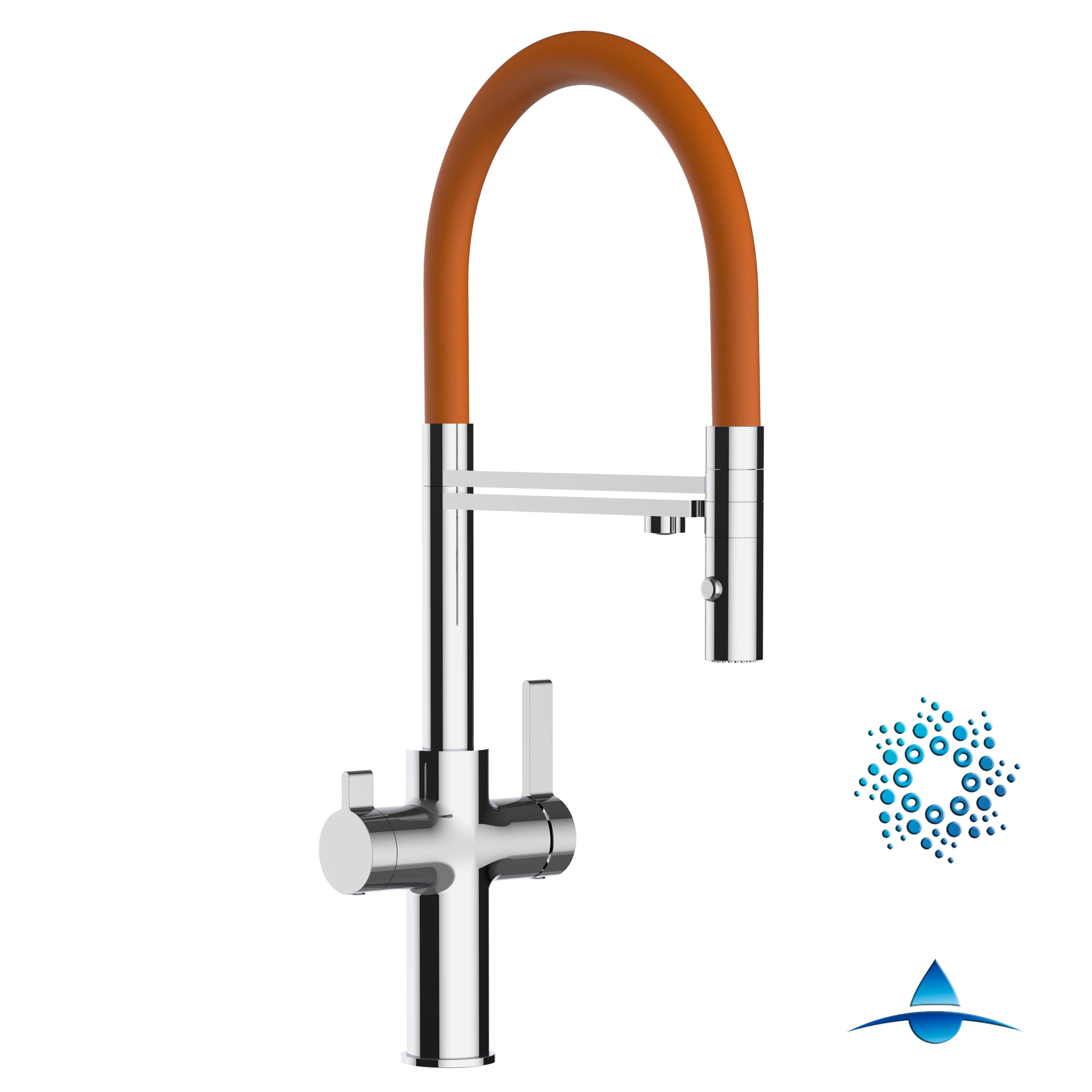 4 Wege Wasserhahn Küche Spültischarmatur chrom Küchenarmatur mit orange 360° schwenkbarem Auslauf und abnehmbare 2 strahl Handbrause - VZFC Design