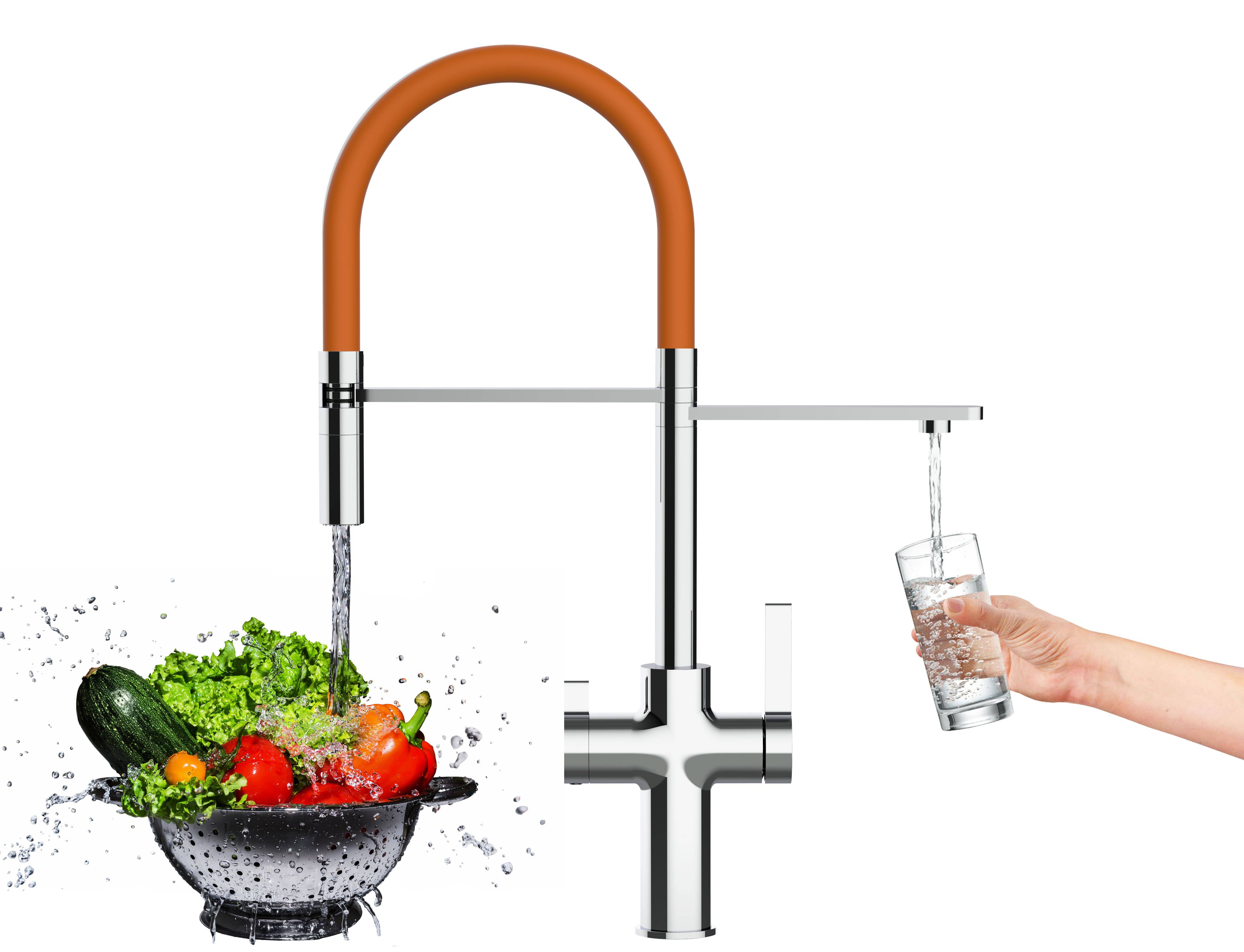 4 Wege Wasserhahn Küche Spültischarmatur chrom Küchenarmatur mit orange 360° schwenkbarem Auslauf und abnehmbare 2 strahl Handbrause - VZFC Design