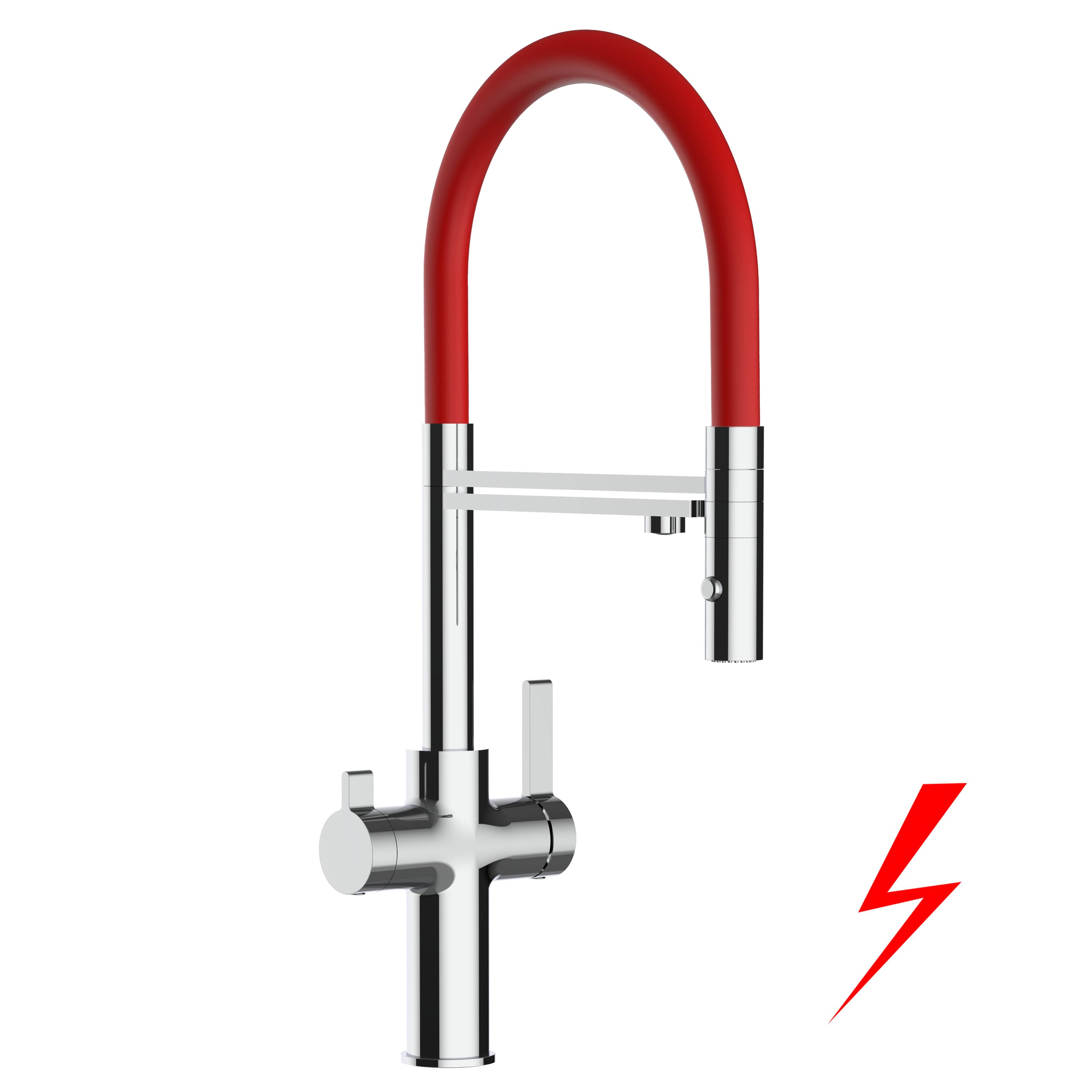 NIEDERDRUCK 3 Wege Wasserhahn Küche Spültischarmatur chrom Küchenarmatur mit rot 360° schwenkbarem Auslauf und abnehmbare 2 strahl Handbrause - VZ