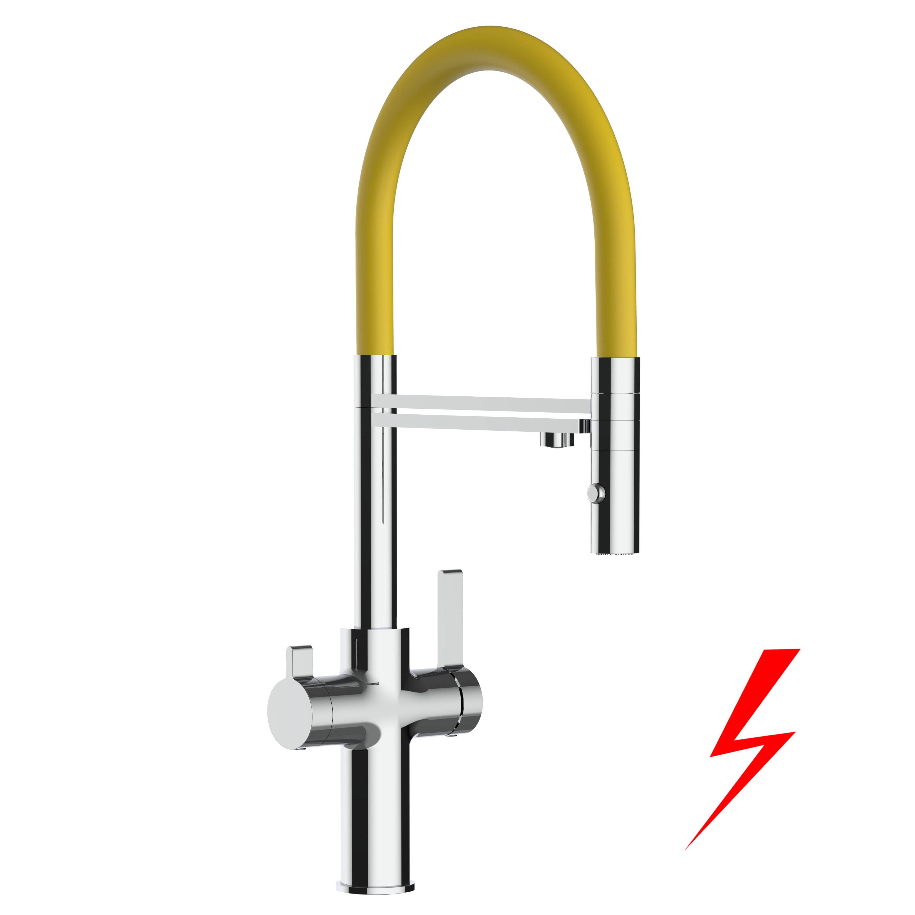 NIEDERDRUCK 3 Wege Wasserhahn Küche Spültischarmatur chrom Küchenarmatur mit gelb 360° schwenkbarem Auslauf und abnehmbare 2 strahl Handbrause -