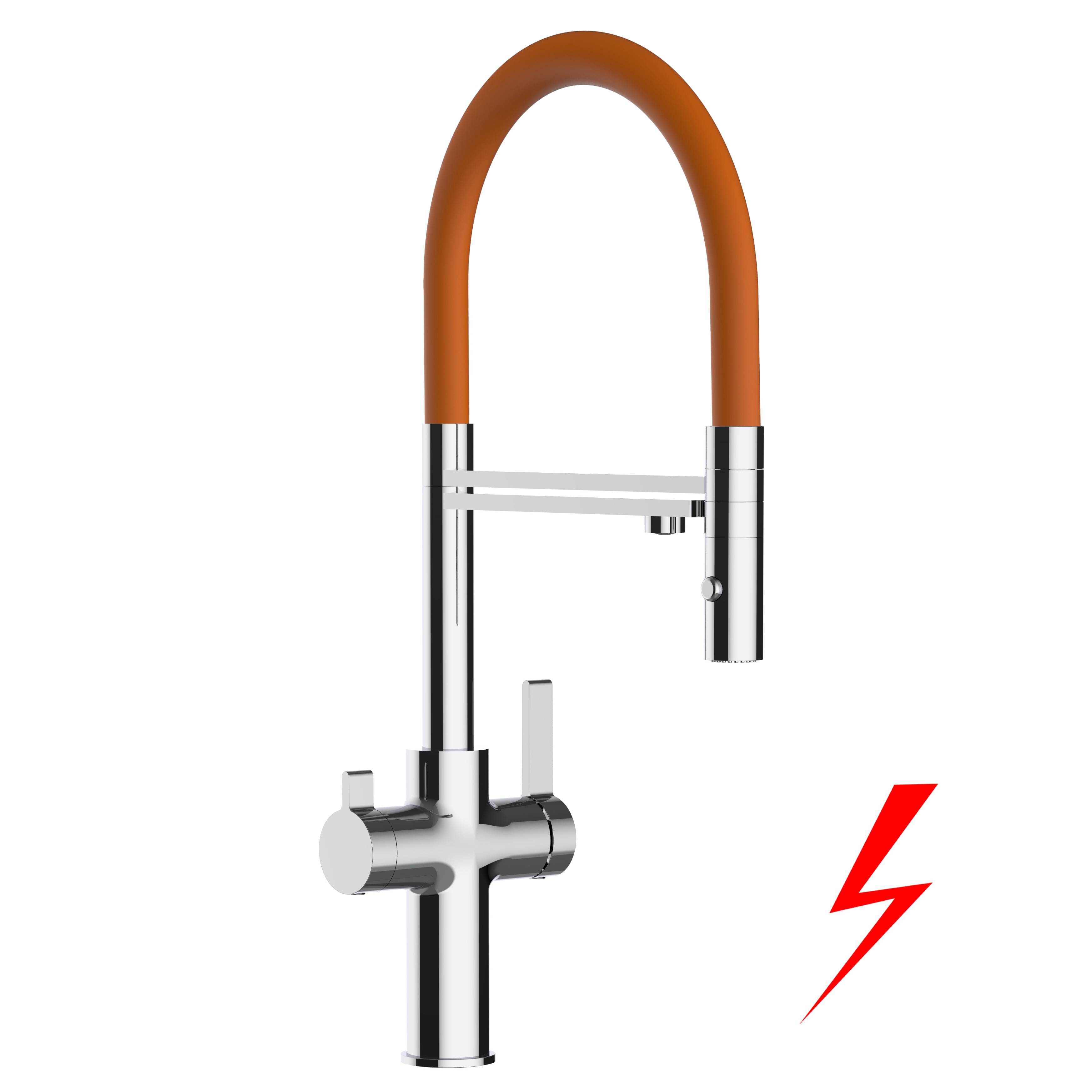 NIEDERDRUCK 3 Wege Wasserhahn Küche Spültischarmatur chrom Küchenarmatur mit orange 360° schwenkbarem Auslauf und abnehmbare 2 strahl Handbrause