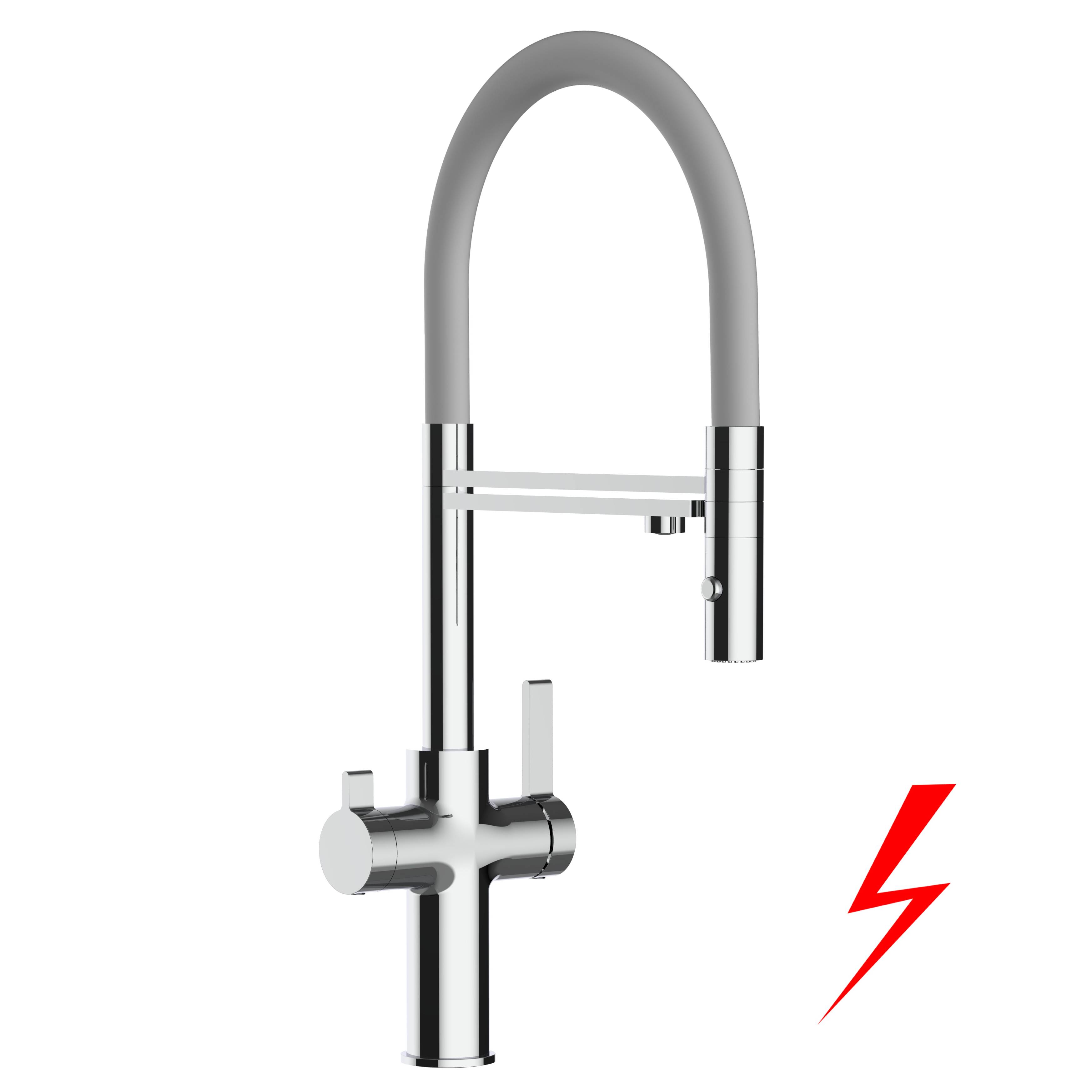 NIEDERDRUCK 3 Wege Wasserhahn Küche Spültischarmatur chrom Küchenarmatur mit grau 360° schwenkbarem Auslauf und abnehmbare 2 strahl Handbrause -
