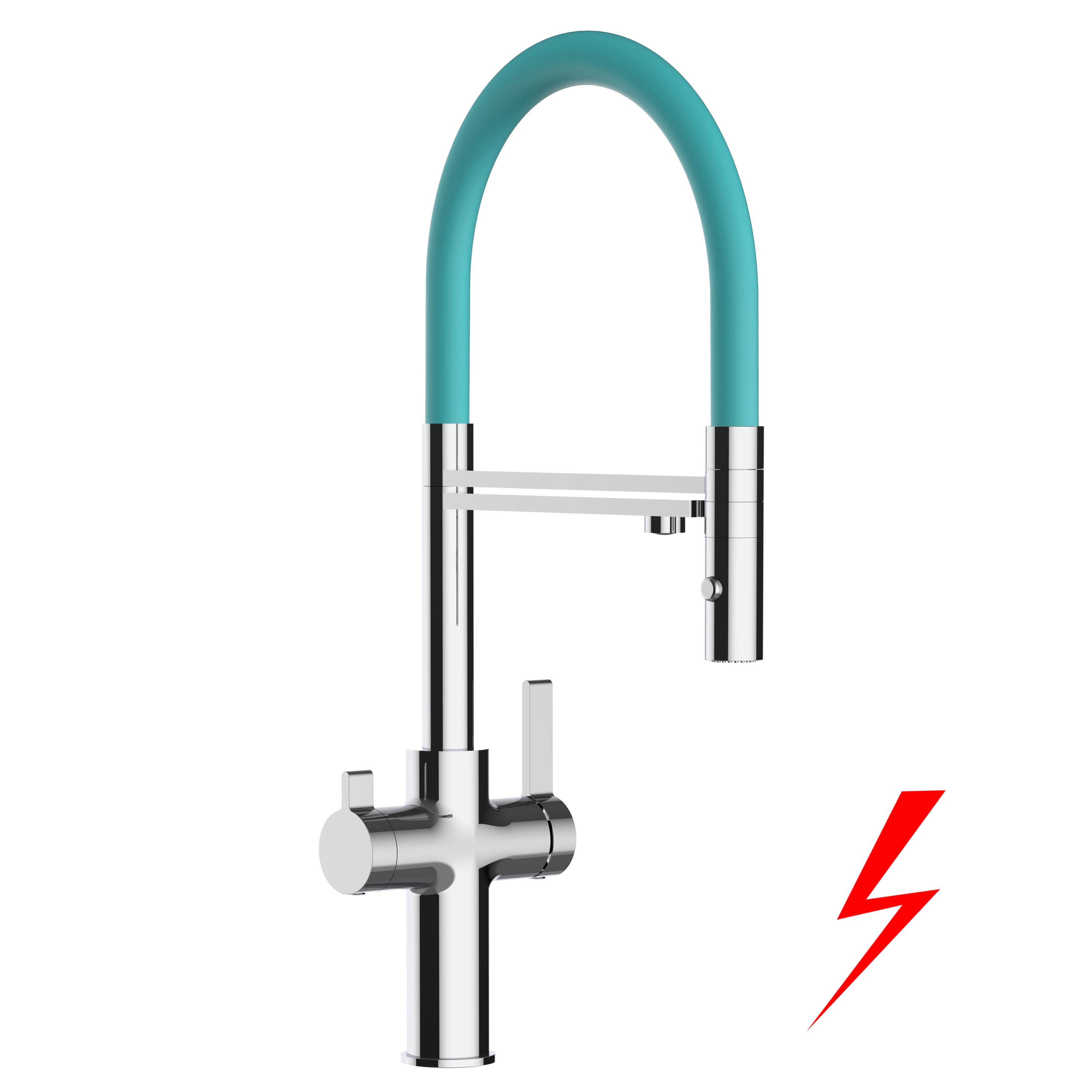 NIEDERDRUCK 3 Wege Wasserhahn Küche Spültischarmatur chrom Küchenarmatur mit türkis 360° schwenkbarem Auslauf und abnehmbare 2 strahl Handbrause