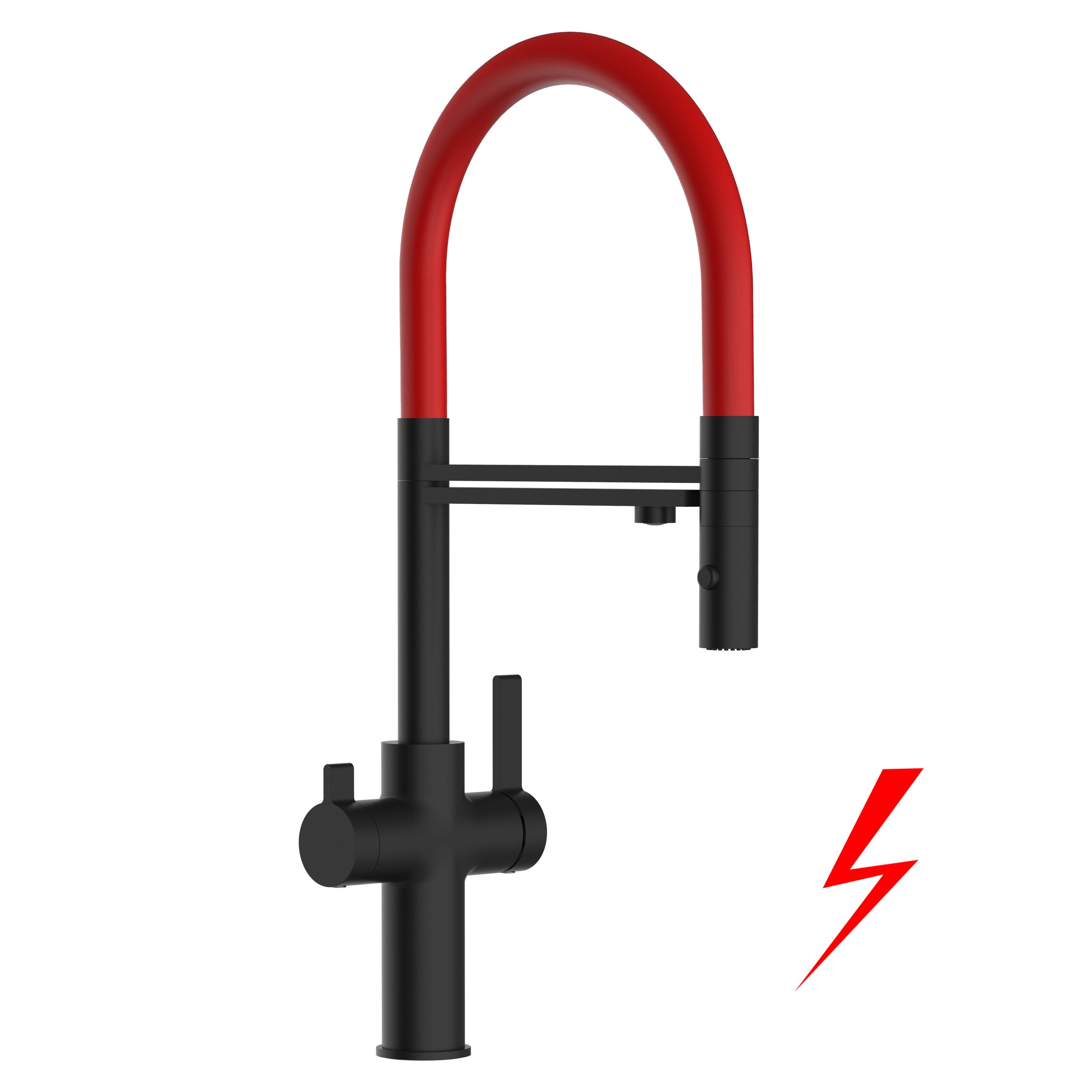 NIEDERDRUCK 3 Wege Wasserhahn Küche Spültischarmatur Schwarz Matt Küchenarmatur mit rot 360° schwenkbarem Auslauf und abnehmbare 2 strahl Handbrau