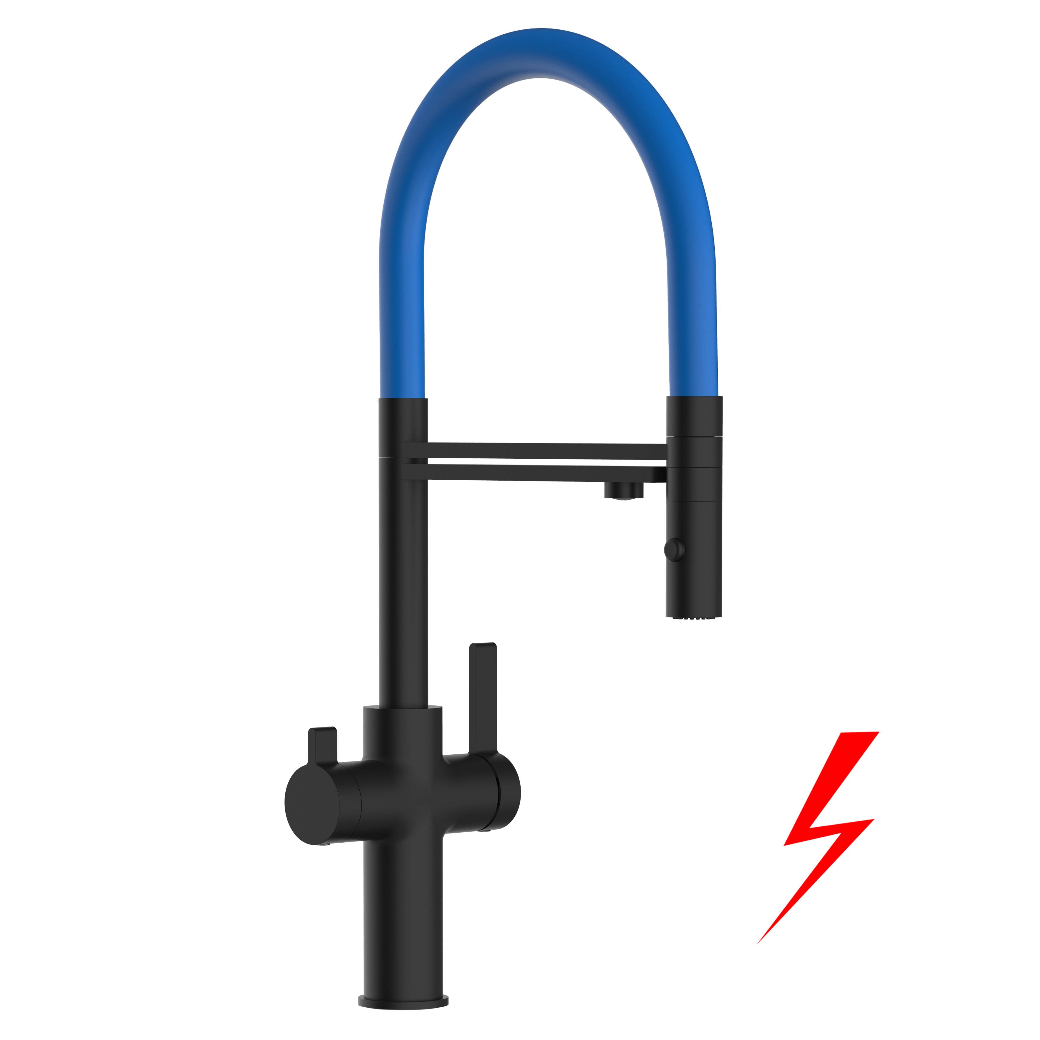 NIEDERDRUCK 3 Wege Wasserhahn Küche Spültischarmatur Schwarz Matt Küchenarmatur mit blau 360° schwenkbarem Auslauf und abnehmbare 2 strahl Handbra