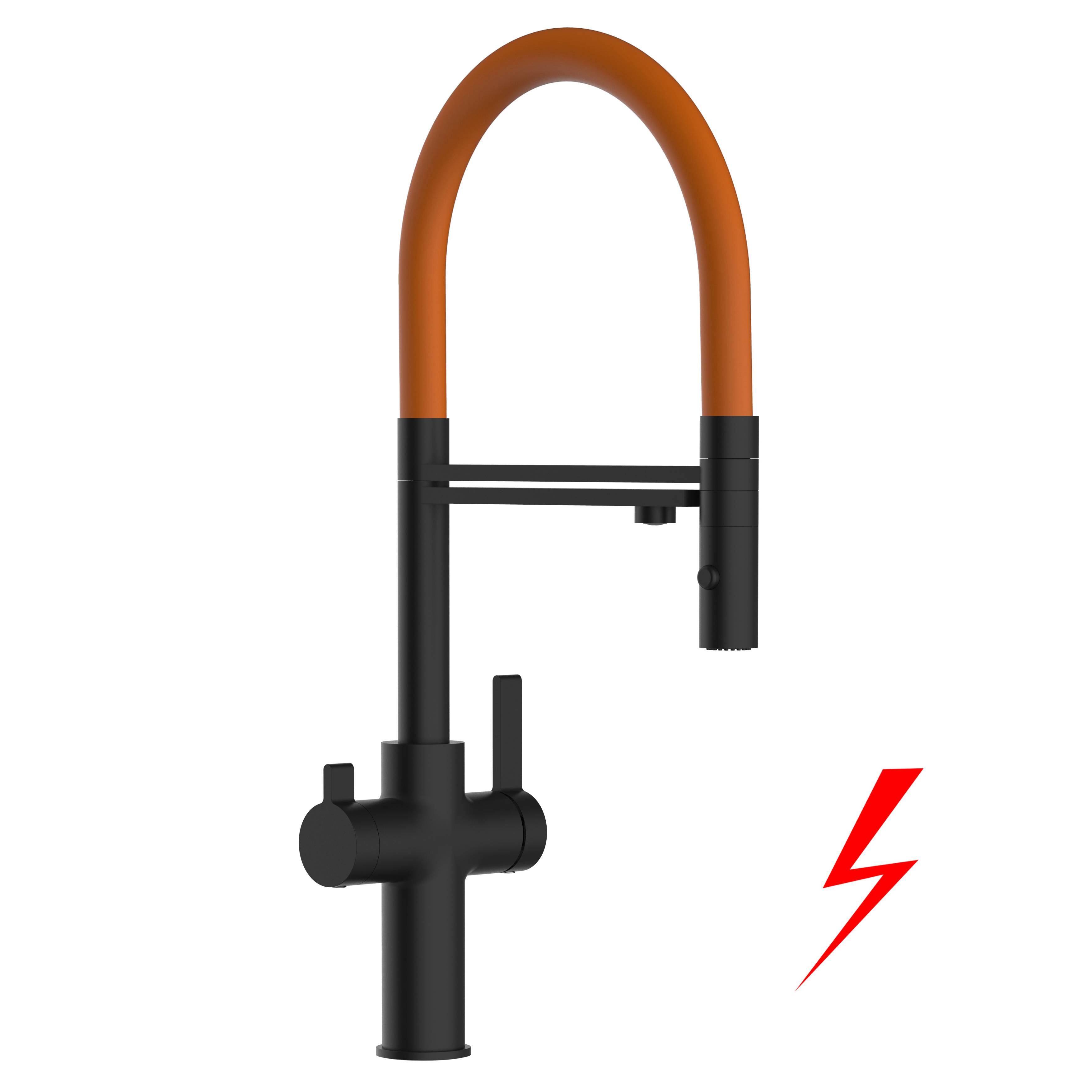 NIEDERDRUCK 3 Wege Wasserhahn Küche Spültischarmatur Schwarz Matt Küchenarmatur mit orange 360° schwenkbarem Auslauf und abnehmbare 2 strahl Handb