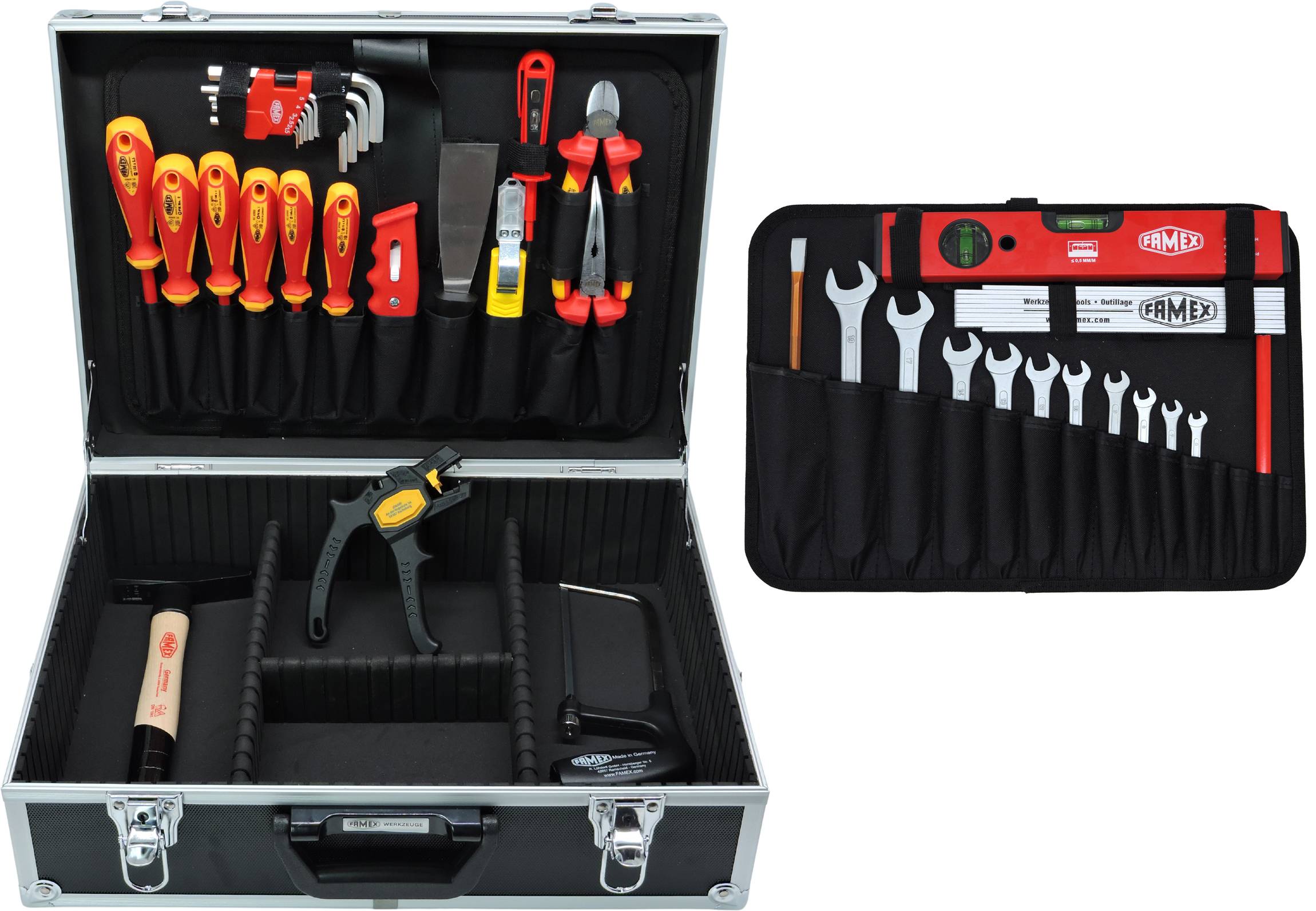 Ein schwarzer Werkzeugkoffer mit verschiedenen Handwerkzeugen, darunter Schraubendreher, Zangen, Schraubschlüssel, eine Schraubzwinge, ein Maßband und eine Wasserwaage.