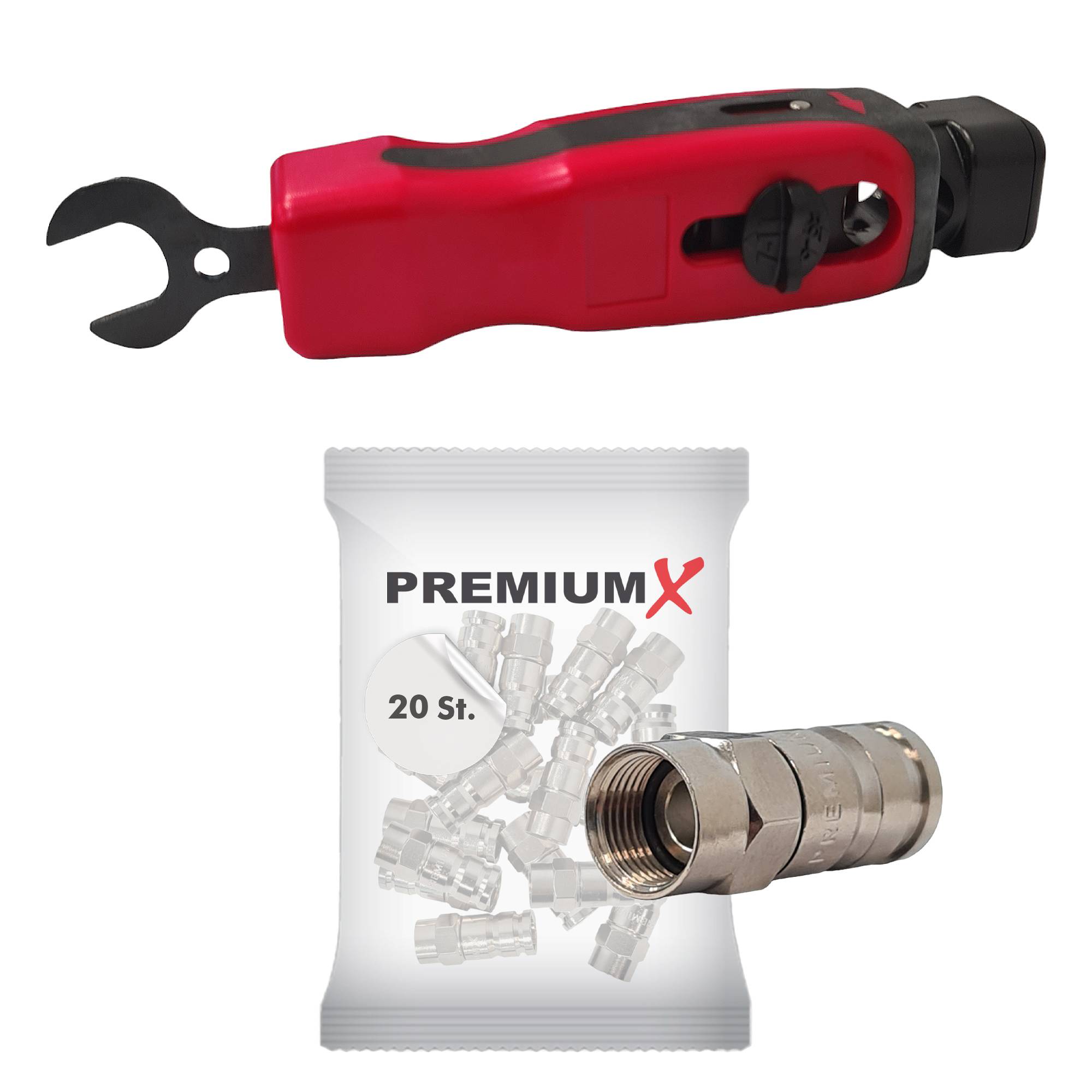 PremiumX XCon CS-200 Abisolierer für RG59/6, RG7/11 mit Schlüssel 20x Kompressionsstecker XCon S6 F-Kompressionsstecker