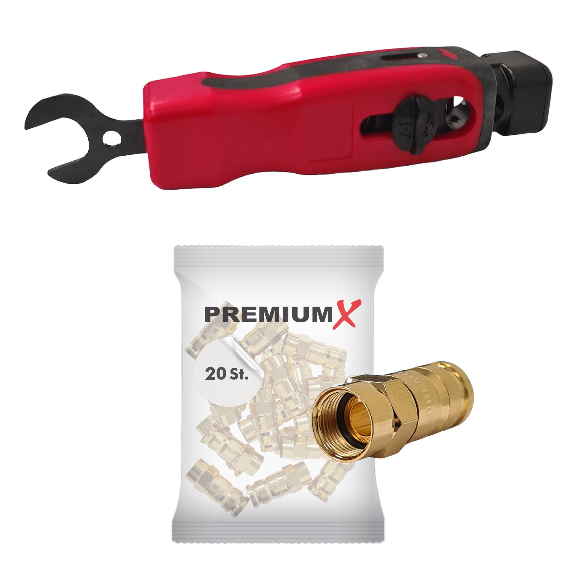 PremiumX XCon CS-200 Abisolierer für RG59/6, RG7/11 mit F-Stecker Schlüssel 20x PremiumX Kompressionsstecker XCon G6