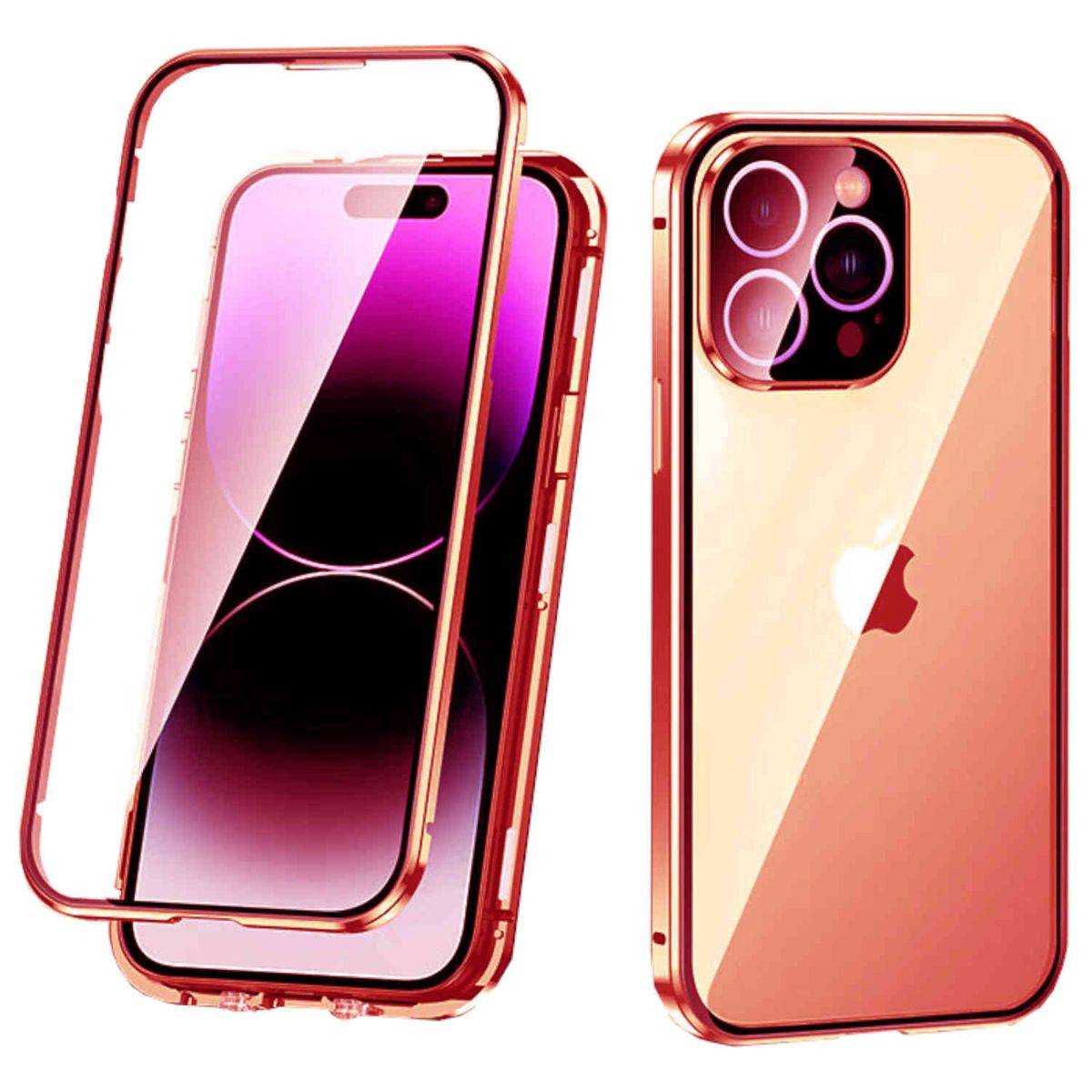 Für Apple iPhone 14 Pro Max Beidseitiger 360 Grad Magnet Glas Hülle Handy Tasche Bumper Rot