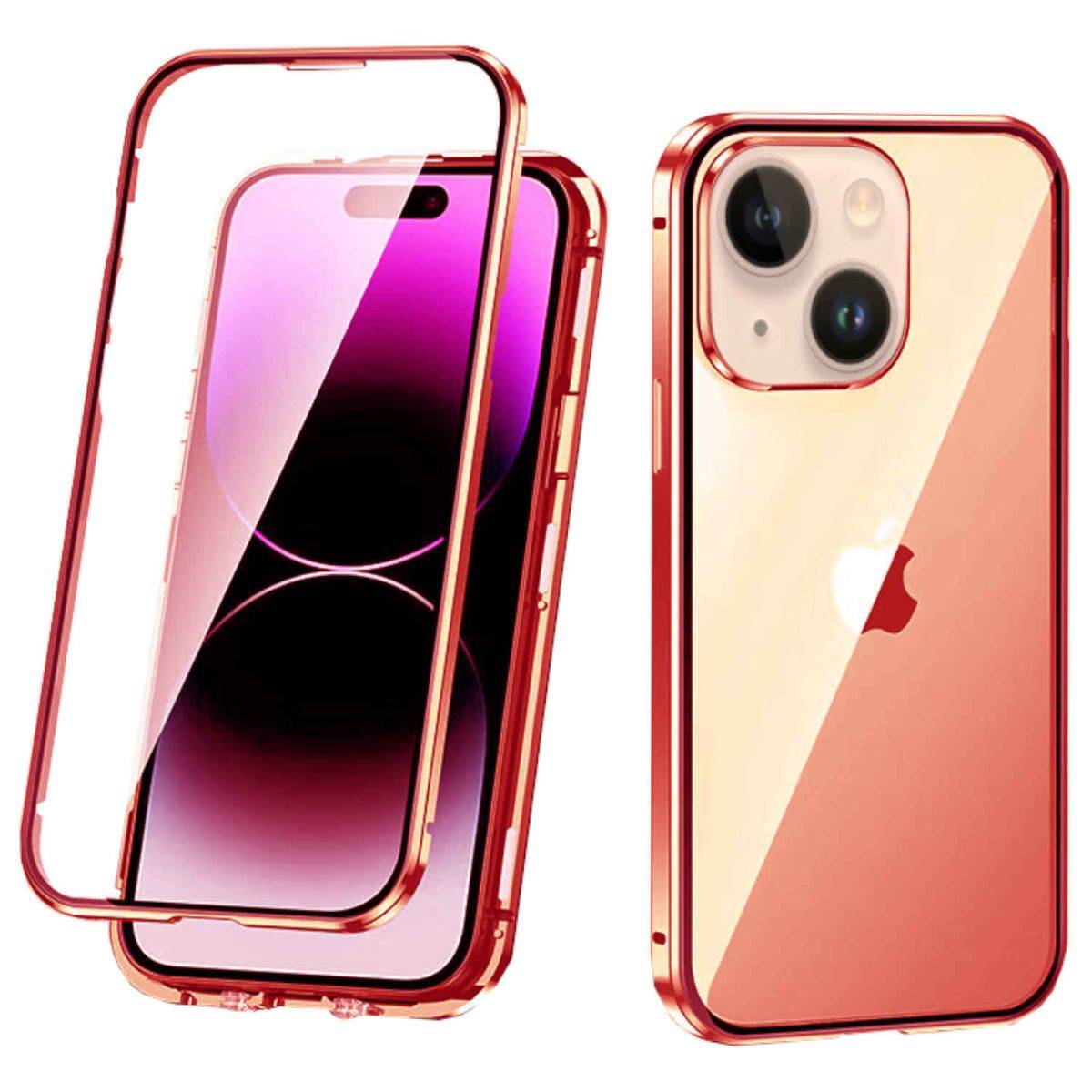Für Apple iPhone 14 Plus Beidseitiger 360 Grad Magnet Glas Hülle Handy Tasche Bumper Rot