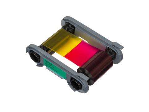 Farbband-Druckkopf mit gelben, magentaroten und schwarzen Rollen in einem grauen Rahmen auf weißem Hintergrund.