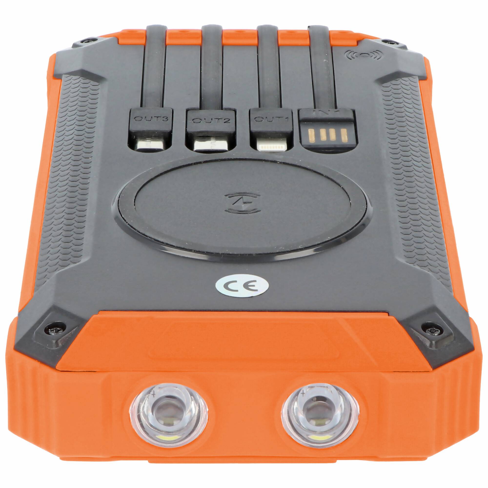 20000mAh Powerbank mit 4 Ladekabel, QI-Ladefunktion, Solar Panel, mit LED Licht