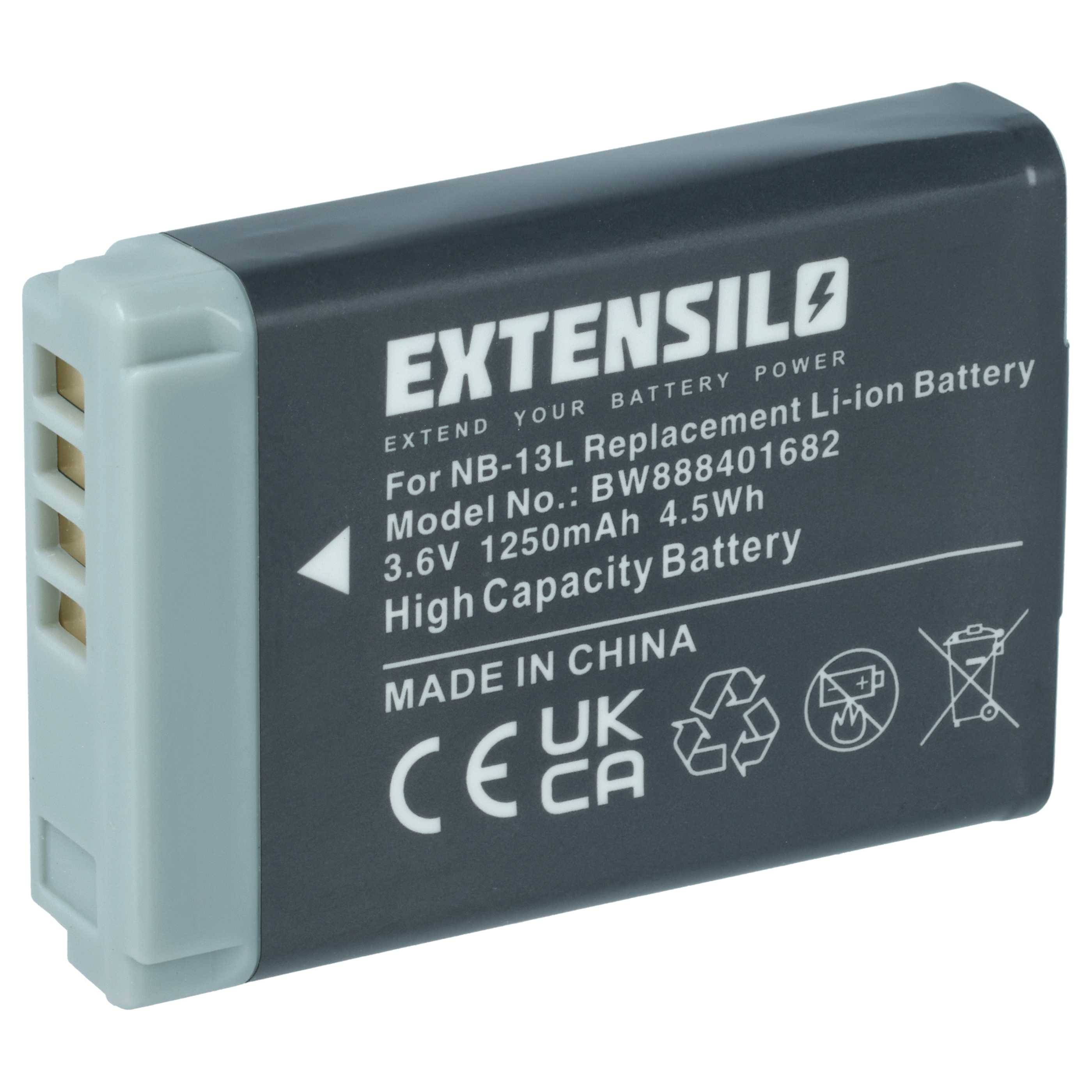 Batterie mit Aufschrift 'EXTENSILO'. Ersatz-Li-Ion-Akku für NB-13L. Modell BW888401682, 3,6V 1250mAh 4,5Wh. Hergestellt in China.
