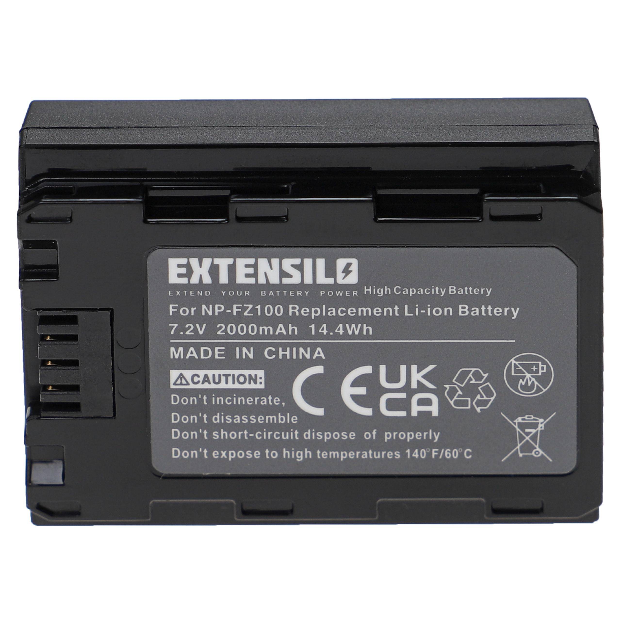 EXTENSILO NP-FZ100 Ersatz-Lithium-Ionen-Akku, 7,2V 2000mAh 14,4Wh, hergestellt in China. Sicherheitssymbole und Temperaturwarnung vorhanden.