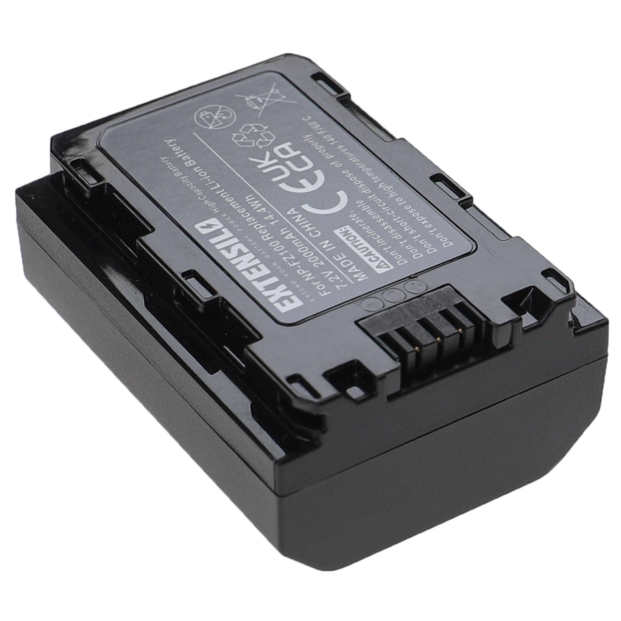 Eine schwarze Lithium-Ionen-Batterie für Kameras mit Zertifizierungslogos für CE, UKCA und weiteren. Die Batterie ist mit „Extend
