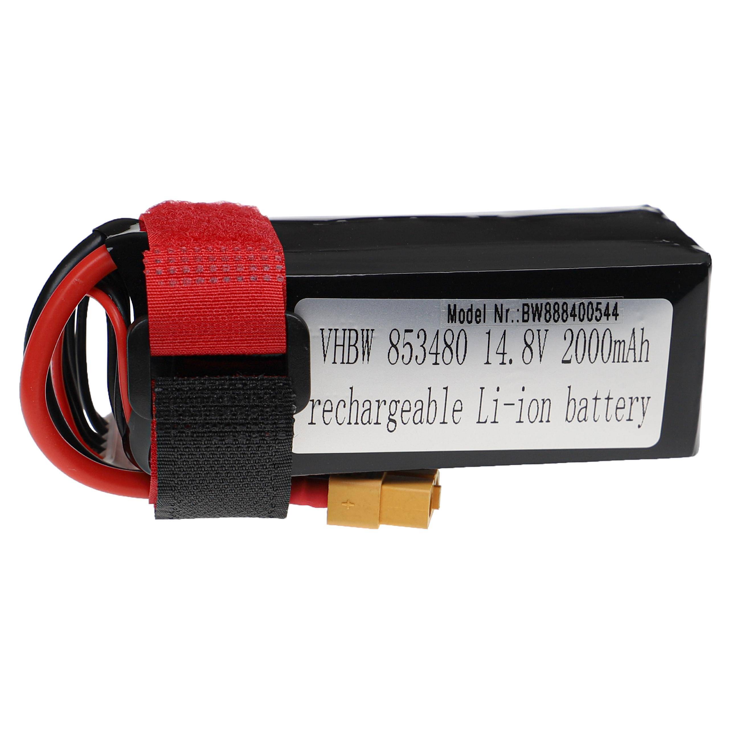 Schwarzes wiederaufladbares Li-Ionen-Akkupack mit roten/schwarzen Drähten und Etikett mit der Aufschrift „VHBW 853480 14,8V 2000mAh