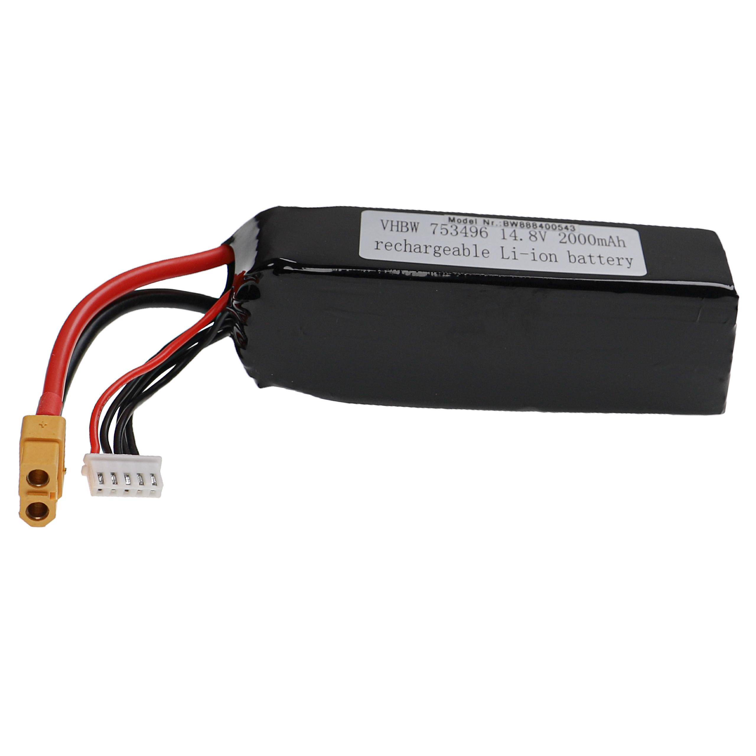 Schwarzes wiederaufladbares Li-Ion-Akkupack mit Bezeichnung 14,8V 2000mAh, mit roten und schwarzen Drähten und zwei Anschlüssen.