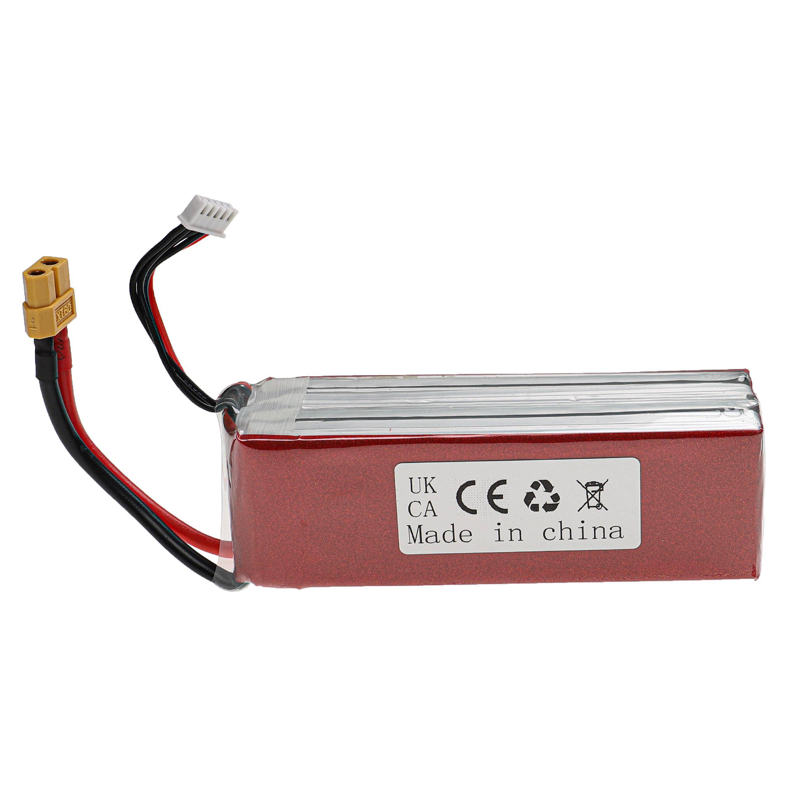 Rechteckiges wiederaufladbares Lithium-Batteriepack mit rotem Gehäuse, angebrachten schwarzen und roten Drähten und gelb/weißen Steckverbindern auf weißem Hintergrund.