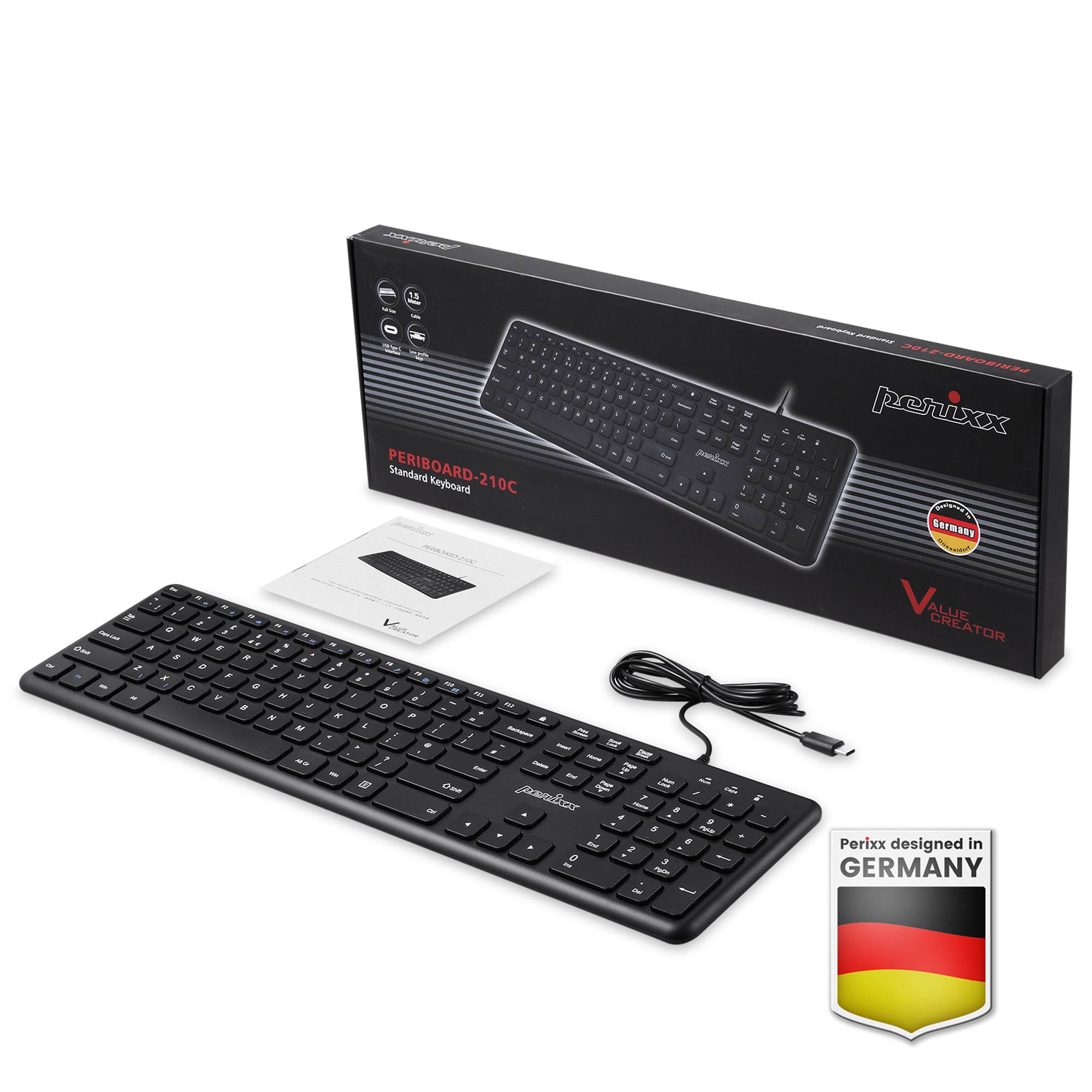 PERIXX - PERIBOARD-210 C DE kabelgebunden leise Tasten schwarz PERIBOARD 210 C B - USB Typ C - Multimedia-Tasten