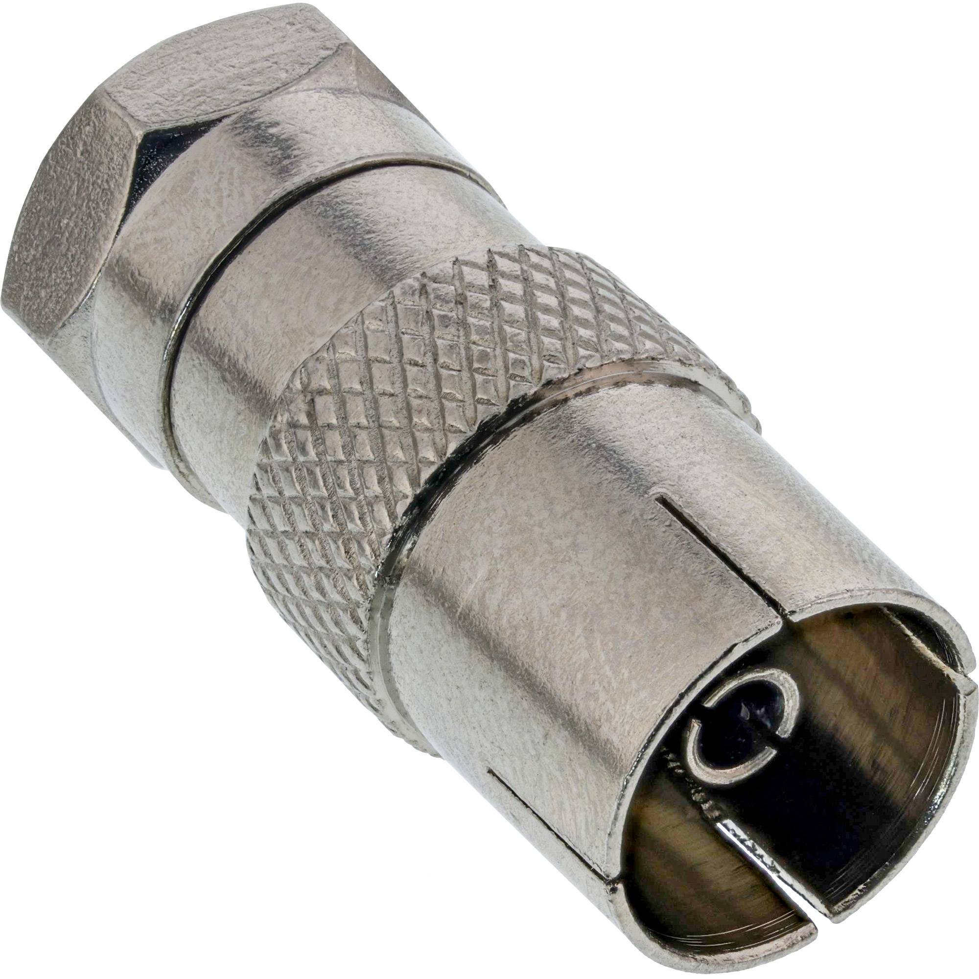 Ein Nahaufnahmebild eines metallischen Koaxialkabelsteckers, das seine zylindrische Form und die gekerbte Ausführung zur sicheren Befestigung zeigt.