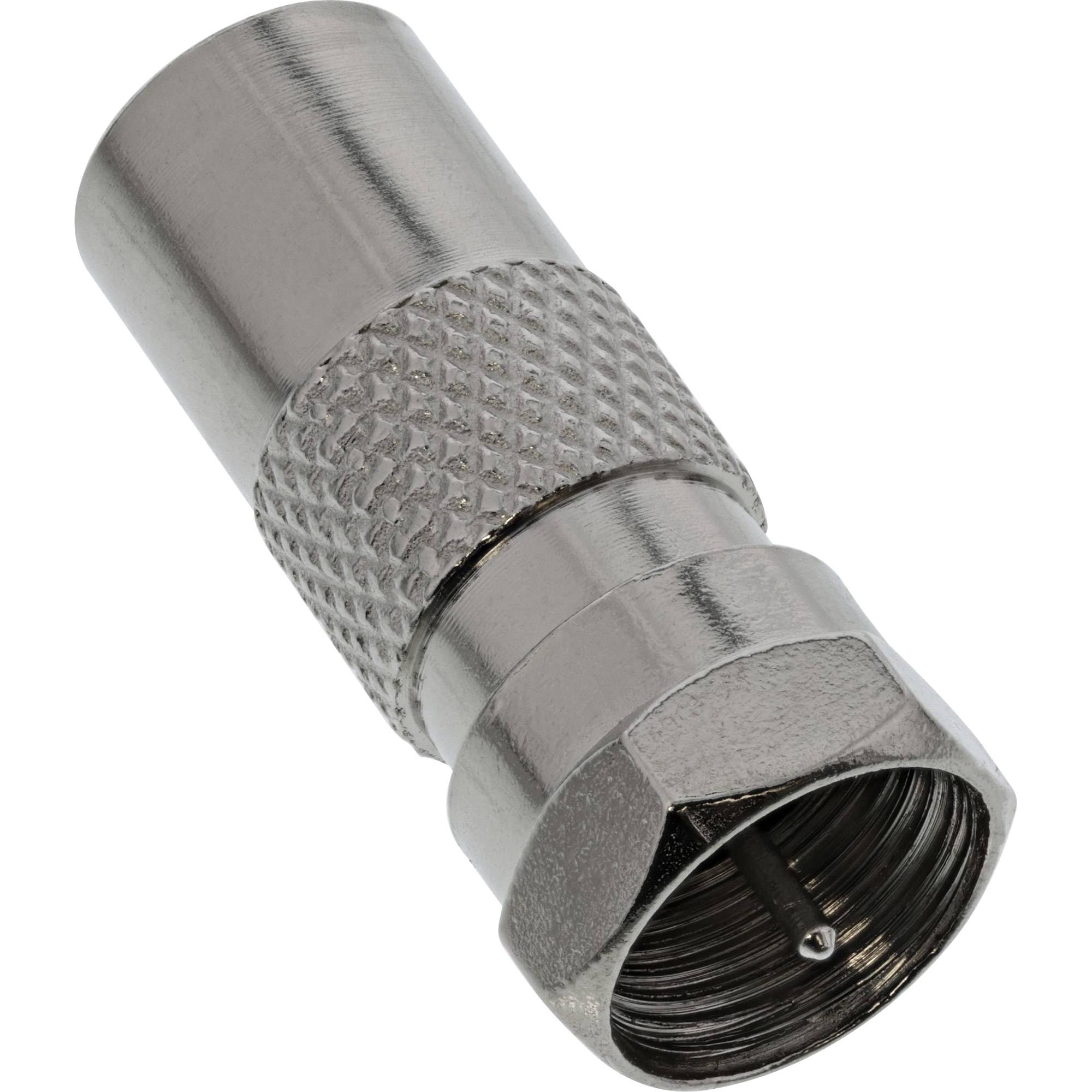 Ein Metallkoaxialkabelstecker mit strukturierter Griffoberfläche und Gewinde am Ende, der zum Verbinden von Kabeln mit Geräten verwendet wird.