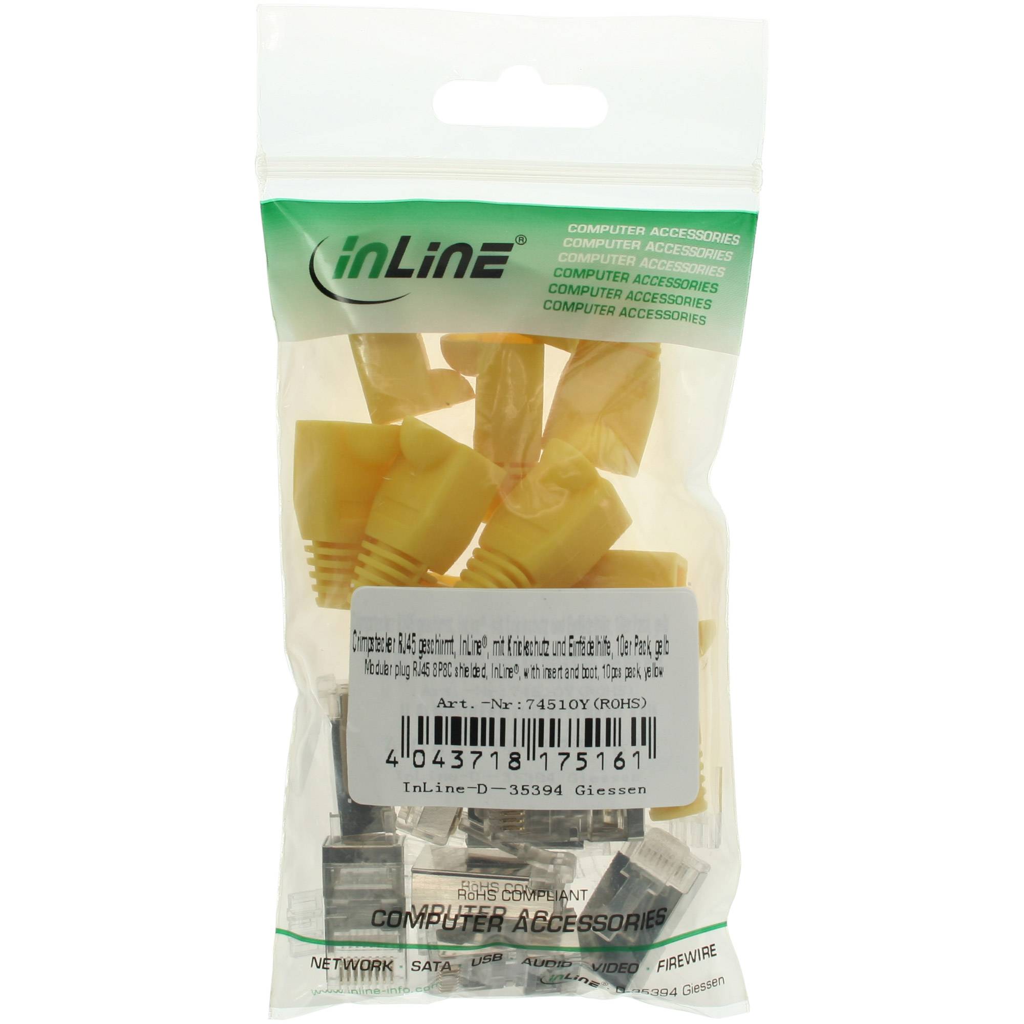 INLINE - 10er Pack Crimpst. RJ45 gesch. - mit Knickschutz & Einfädelhilfe - gelb