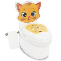 Toilettenpapierhalter in Form einer Cartoon-Katze mit einer weißen Rolle, die seitlich angebracht ist.