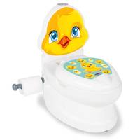Ein Spielzeug-Toilette geformter Töpfchen mit einer gelben Entengesicht-Rückenlehne und einem Rollenhalter an der Seite.