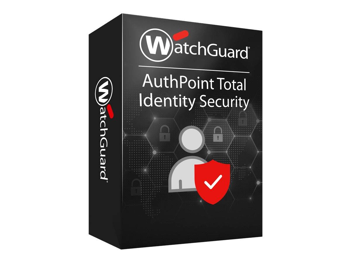 WatchGuard AuthPoint Totale Identitätssicherheit Software-Box mit Logo, Benutzersymbol und rotem Schild-Häkchen auf dunklem Hintergrund.