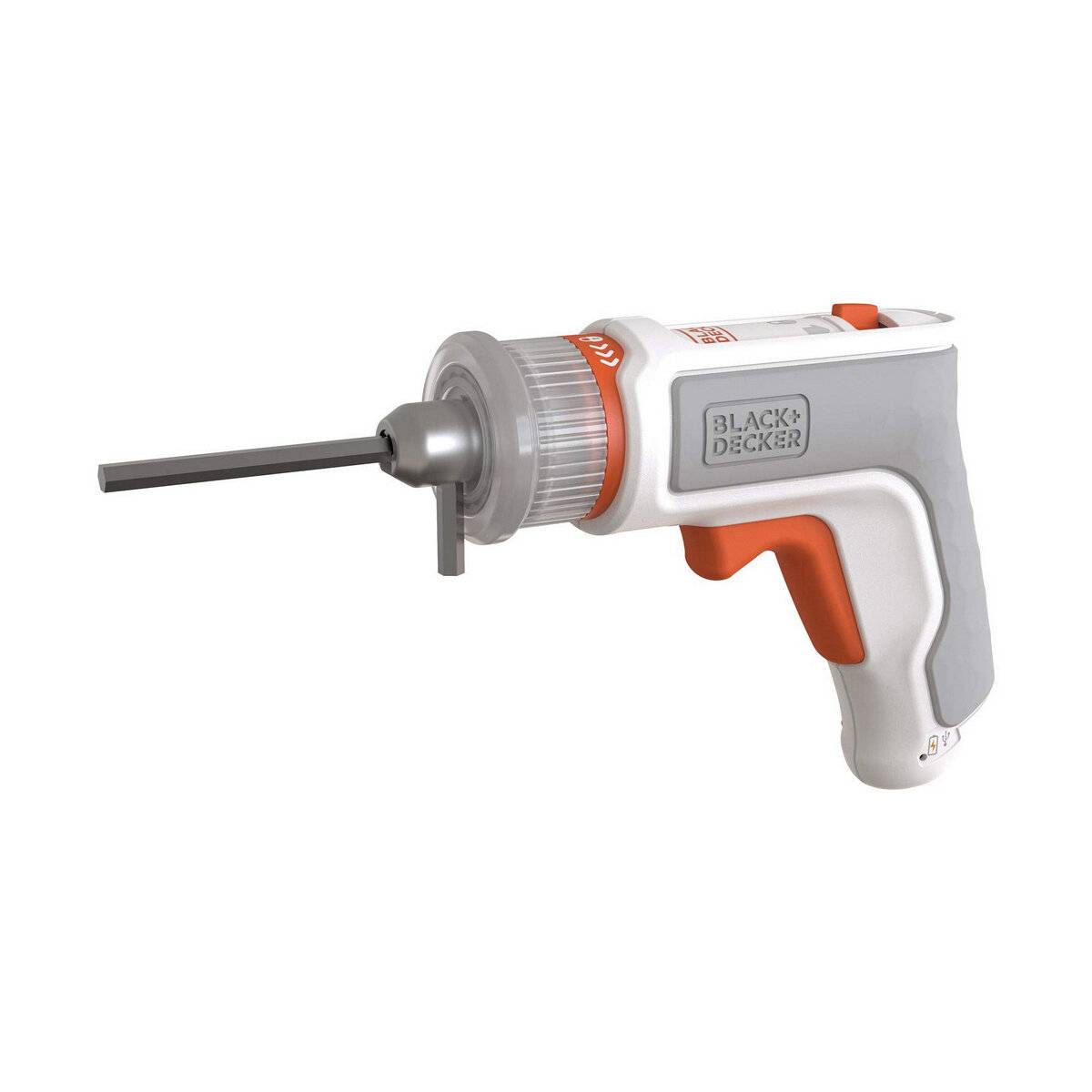 Black and Decker Elektrobohrmaschine mit Kabel und einem langen Bohraufsatz, gezeigt in einer Seitenansicht vor weißem Hintergrund.