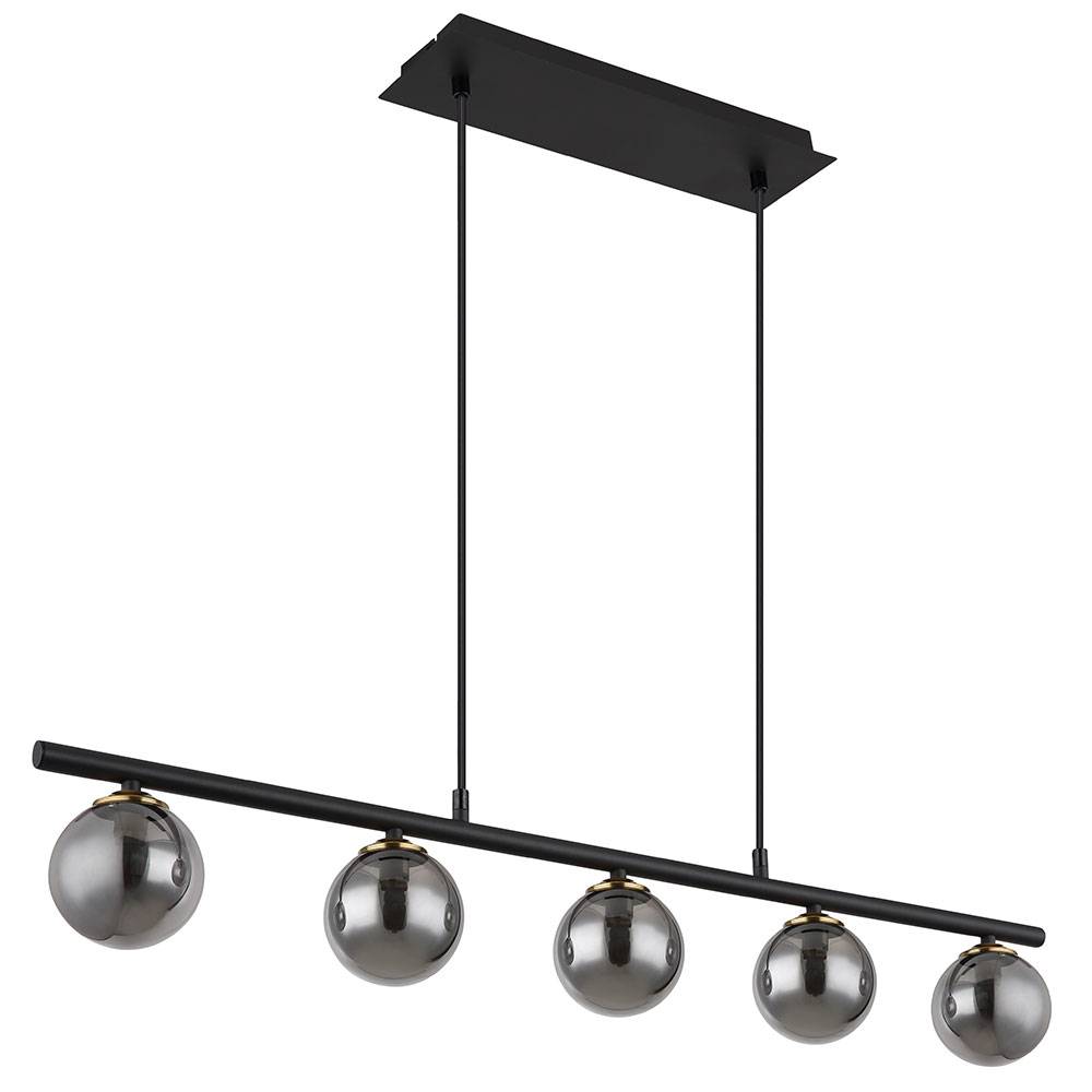 Hängelampe Pendelleuchte Esszimmerlampe, 5-flammig, Glas Kugel, Höhenverstellbar, Metall Rauchglas, schwarz, 5x G9 Fassungen, LxBxH 90x10x120 cm