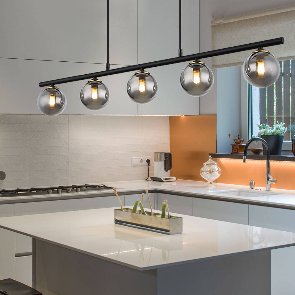 Hängelampe Pendelleuchte Esszimmerlampe, 5-flammig, Glas Kugel, Höhenverstellbar, Metall Rauchglas, schwarz, 5x G9 Fassungen, LxBxH 90x10x120 cm