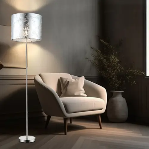 Stehleuchte Stoffschirm silber Wohnzimmerleuchte stehend Modern Stehlampe Textil, Nickel-matt Acryl satiniert, 1x E27, DxH 40x160 cm Stehleuchte Stoffschirm silber Wohnzimmerleuchte stehend Modern Stehlampe Textil, Nickel-matt Acryl satiniert, 1x E27, DxH 40x160 cm